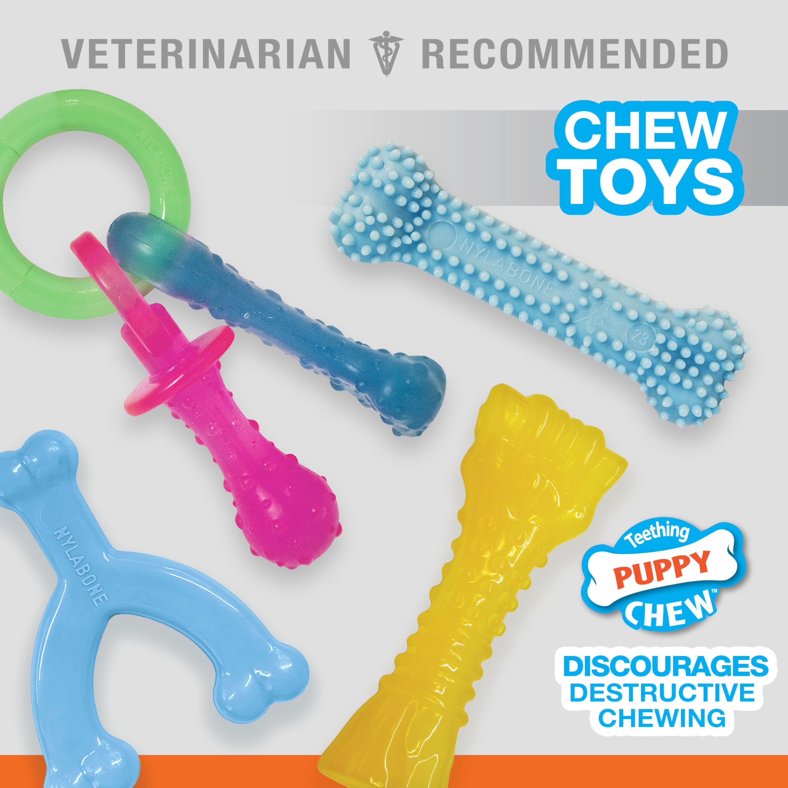 Nylabone New Puppy Chew Toy Bundle, Toys for Teething Puppies, Chicken & Bacon Flavors, Blue, X-Small - Up to 15 lbs, 4 Pack