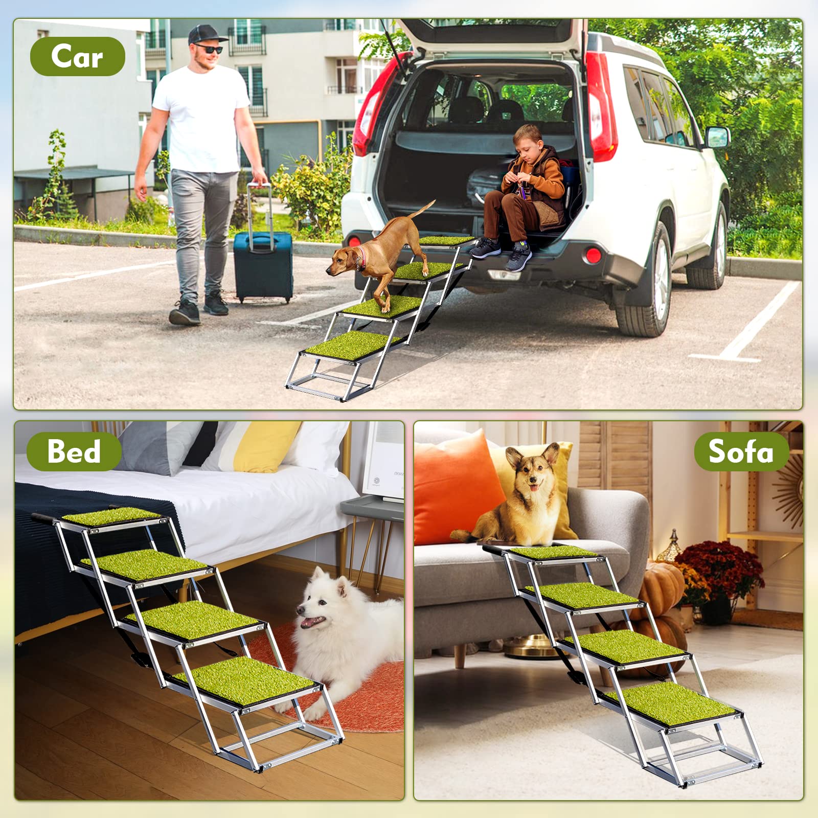 Dog Ramp, Extra Wide Dog Car Stair For Large Dogs,Dog Ramp For Car,Pet Steps Lightweight Aluminum Foldable Dog Steps For Cars And Suv,High Beds, Trucks, Supports Up To 200 Lbs