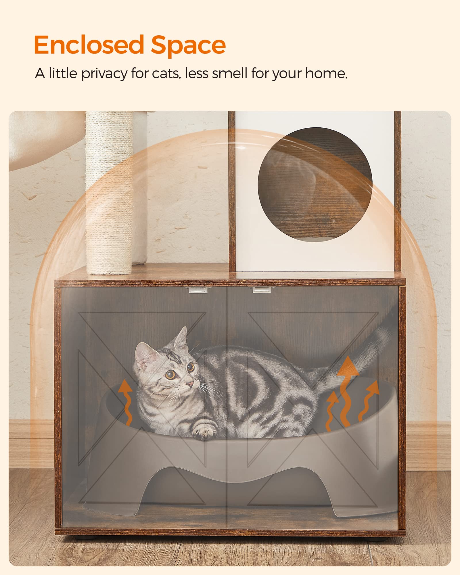 Feandrea Woodywonders Cat Tree With Litter Box Enclosure, 2-In-1 Modern Tower, Furniture Hidden, Cat Condo With Scratching Posts, Removable Pompom Sticks, Rustic Brown Upct113X01