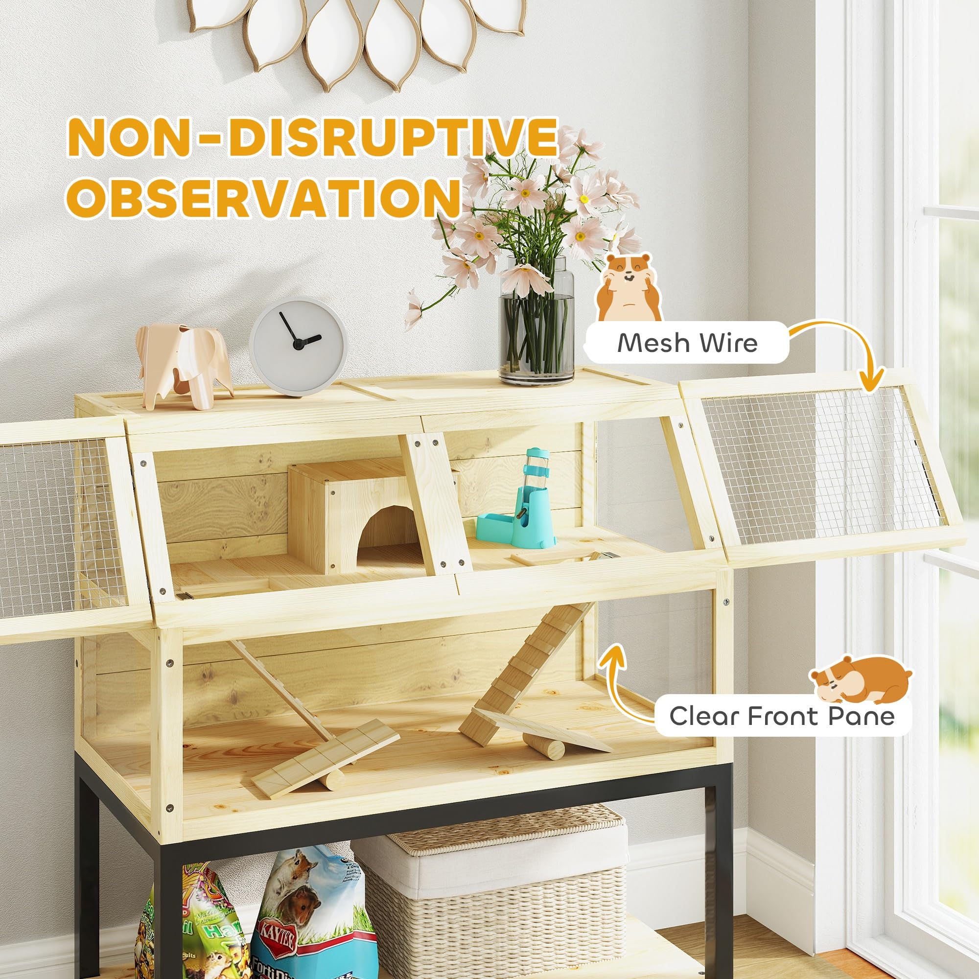 Pawhut Hamster Cage With Storage Shelf, Wooden Rat Cage On Wheel, Small Aniaml Cage With Seesaws, Water Bottle, Hut & Ramps, For