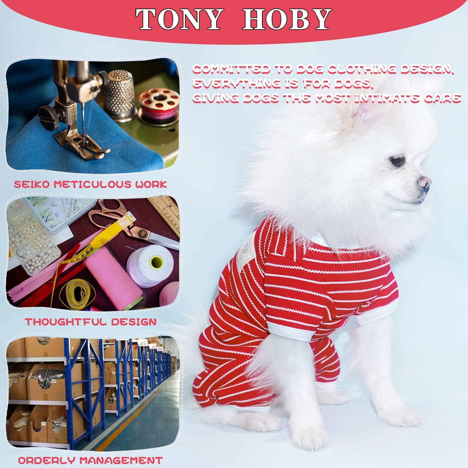 Tony Hoby Dog Pajamas 4 Legged Pet Clothes, Dog Onesies With Waffle Stripes, Dog Jumpsuit Pajamas For Medium Small Dog (Red, Girl, M)