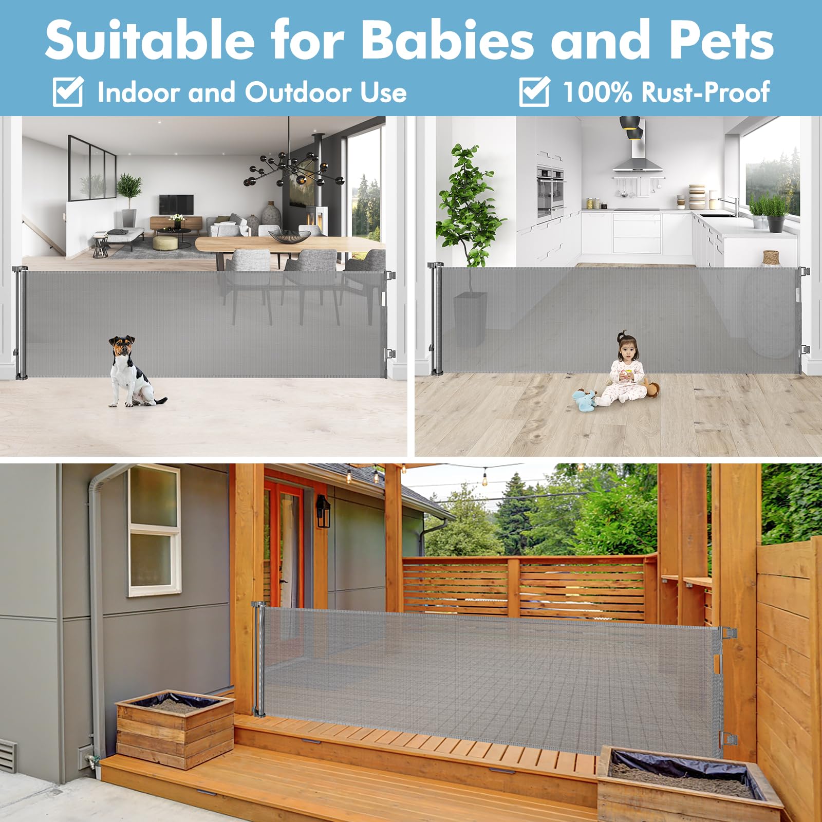 75 Inch Retractable Baby & Dog Gate - Wide & Extra Large Openings, Indoor & Outdoor Use, Gray