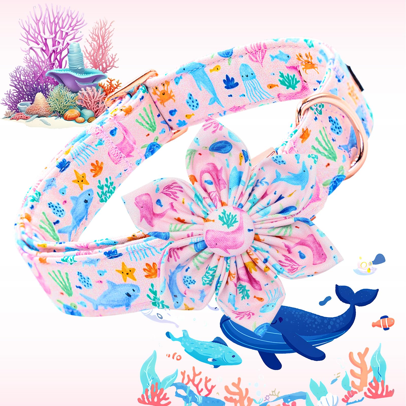 Lionheart Glory Dog Collar Flower Collar Pink Dog Collars With Flower Summer Cute Sea Animals Print Collar Dog Female Soft Durab