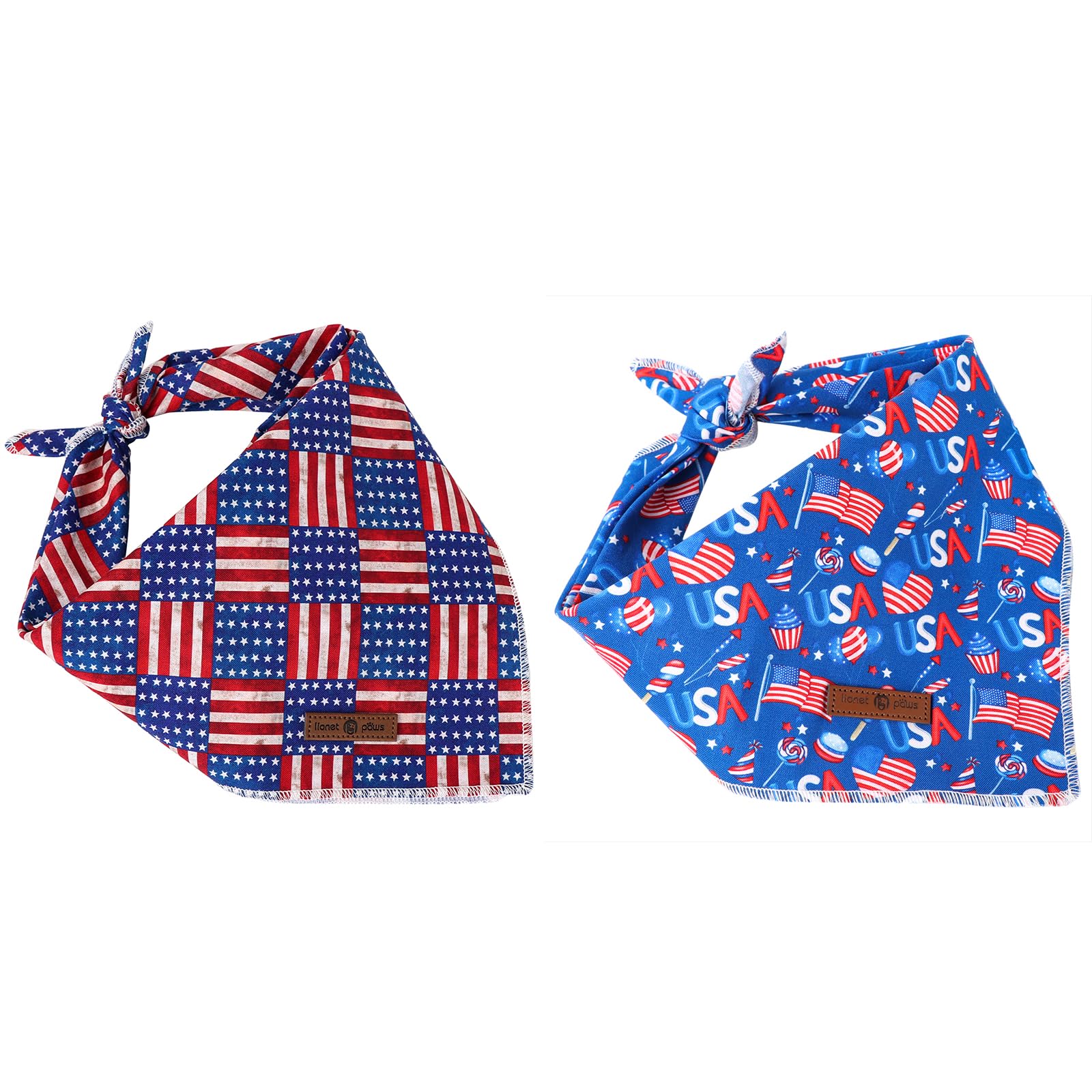 Lionet Paws 4Th Of July Dog Bandanas 2 Pack, American Washable Triangle Bibs Scarf Kerchief, Adjustable Holiday Scarves For Medi