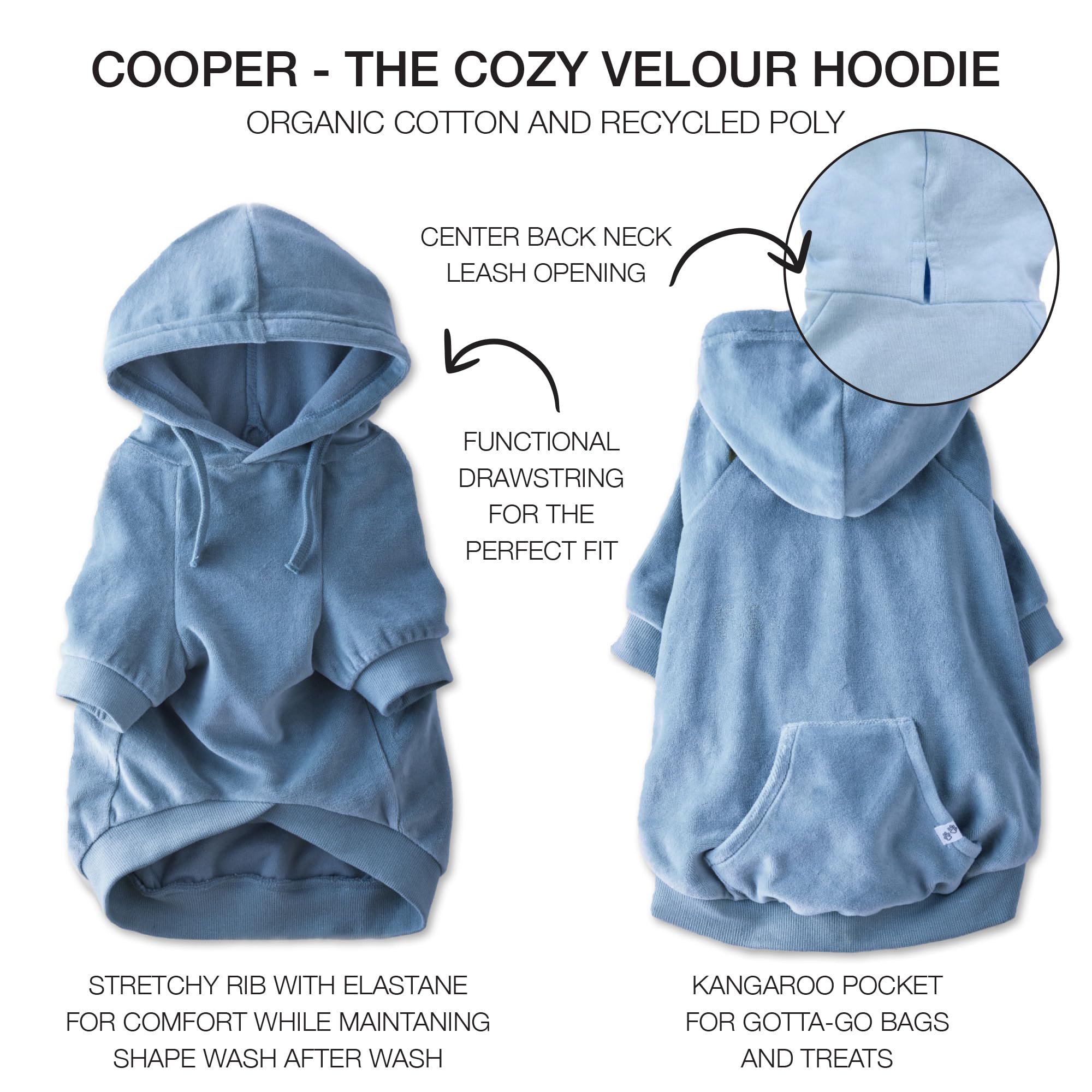 Pet Passion Organic Cotton Velour Dog Hoodie Pet Coat For Small, Medium And Large Dogs, Faded Denim, X-Small