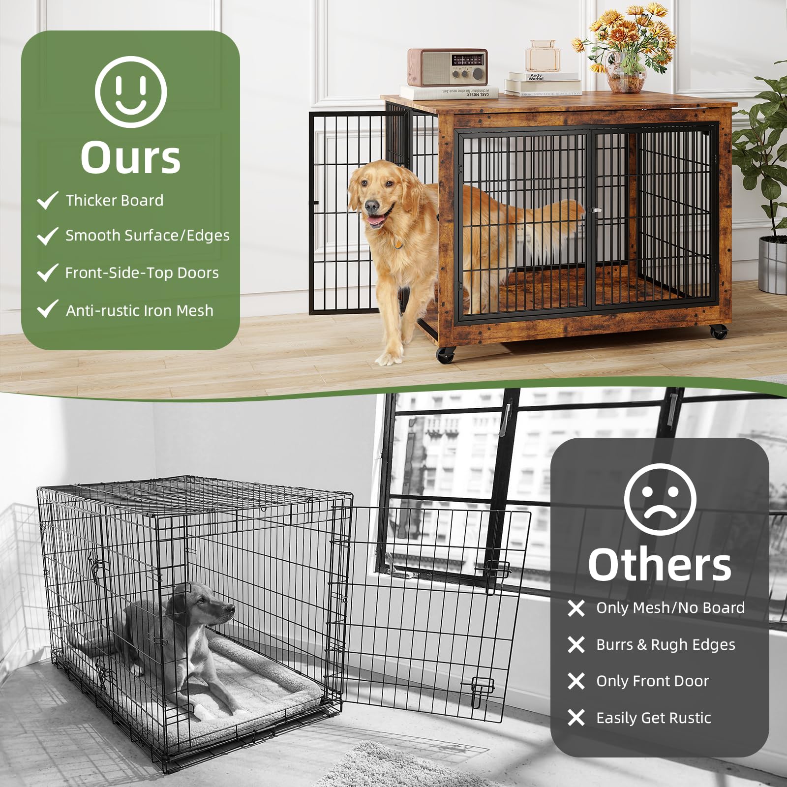 Yafylly 43 Movable Extra Large Dog Crate, Wooden Furniture Dog Crate with Top Access for Teasing/Feeding, 4 Rotating Wheels, Hea