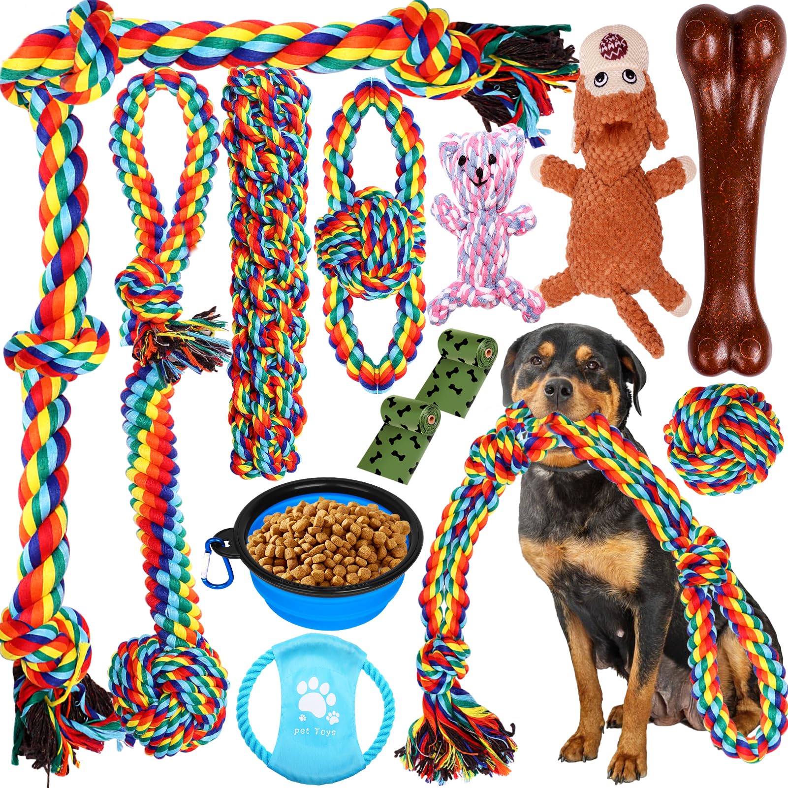 Dog Toys For Aggressive Chewers 13 Pack，Indestructible Tug Of War Toys For Small, Medium, Large Dog Breeds , Teeth Cleaning Chew Toys Pet Interactive Rope Toys, Plush With Stuffing Toys For Puppy