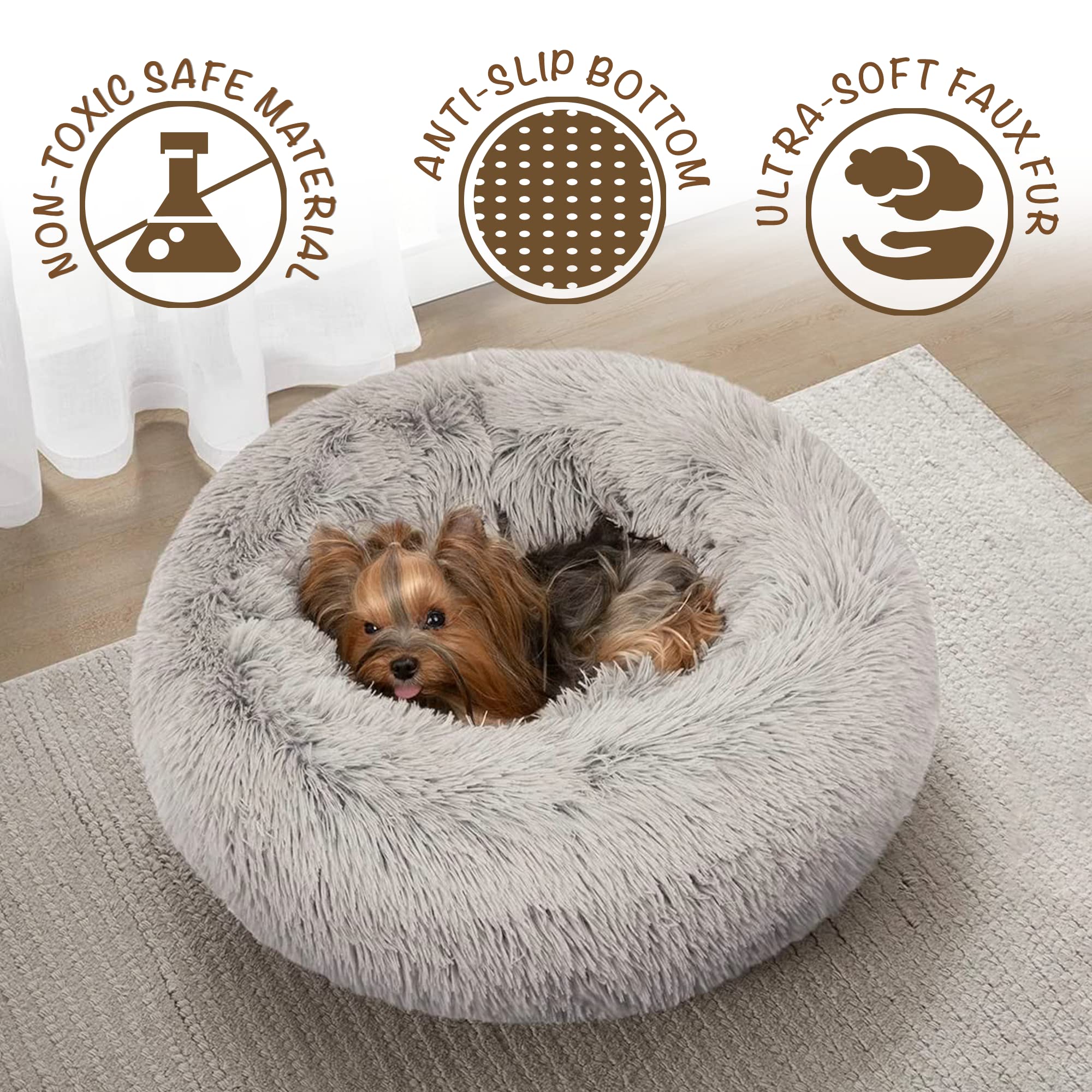 Friends Forever Donut Dog Bed Faux Fur Fluffy Calming Sofa For Medium Dogs, Soft & Plush Anti Anxiety Pet Couch For Dogs, Machin