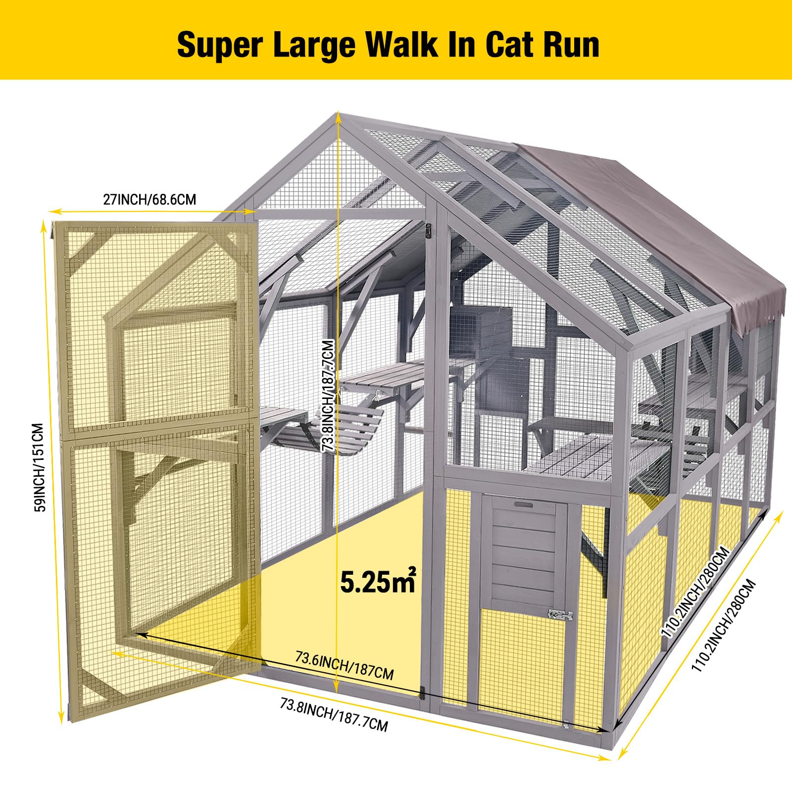 Aivituvin Catio Outdoor Cat Enclosure Large Cat Run With Bridges, Walks, Small Houses, Roof Cover 110'