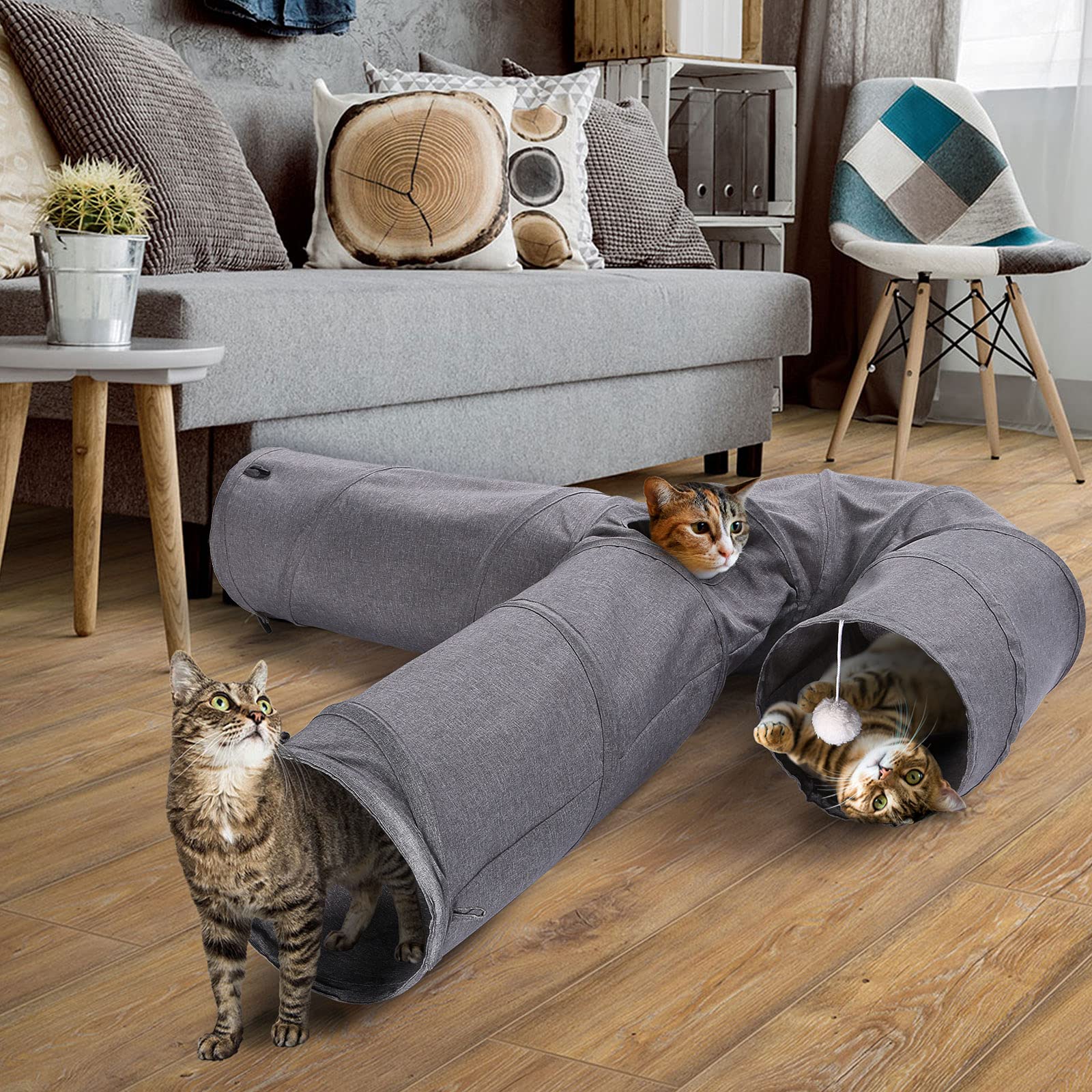 Ownpets Cat Tunnel Large 3 Way Collapsible Cloth Pet Tunnel Tube With Plush Ball & Feather Toy, U-Shaped Cat Play Tunnel For Indoor Cat, Puppy, Kitty, Kitten, Rabbit(Gray)