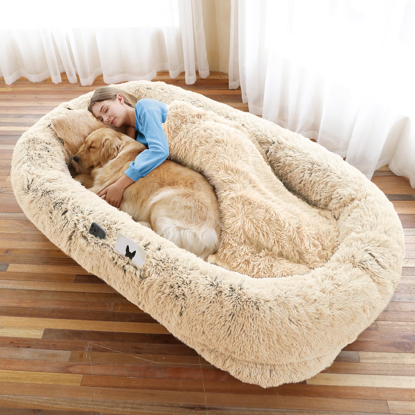 Human & Pet Bed, 71''X45''X12'' Fits All, Washable Faux Fur Orthopedic Dog & Human Bed, Plump Pillow, Blanket, Strap - Beige