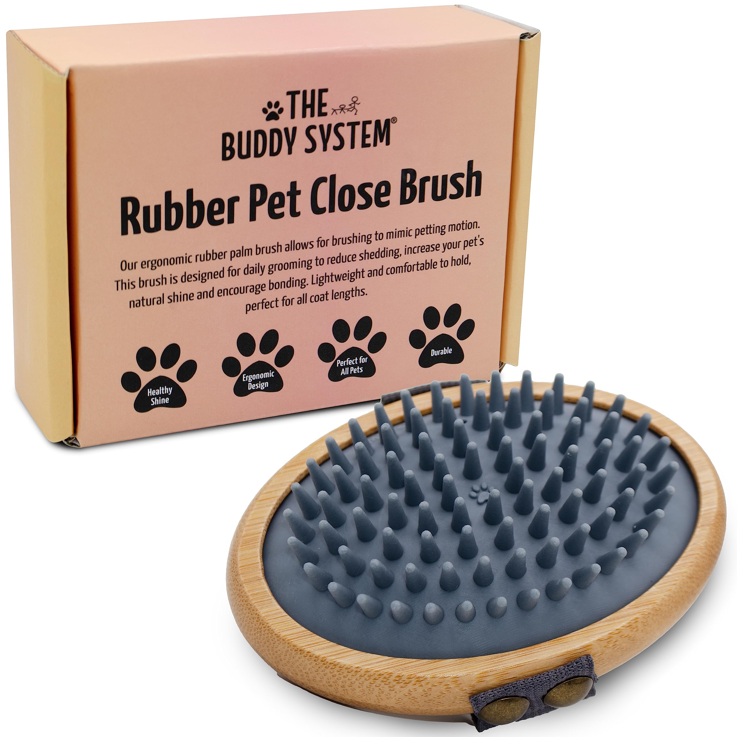 The Buddy System Rubber Pet Close Brush, Soft Touch Oval Palm Brush - Bamboo Massage Handheld With Rubber Bristles And Elastic B