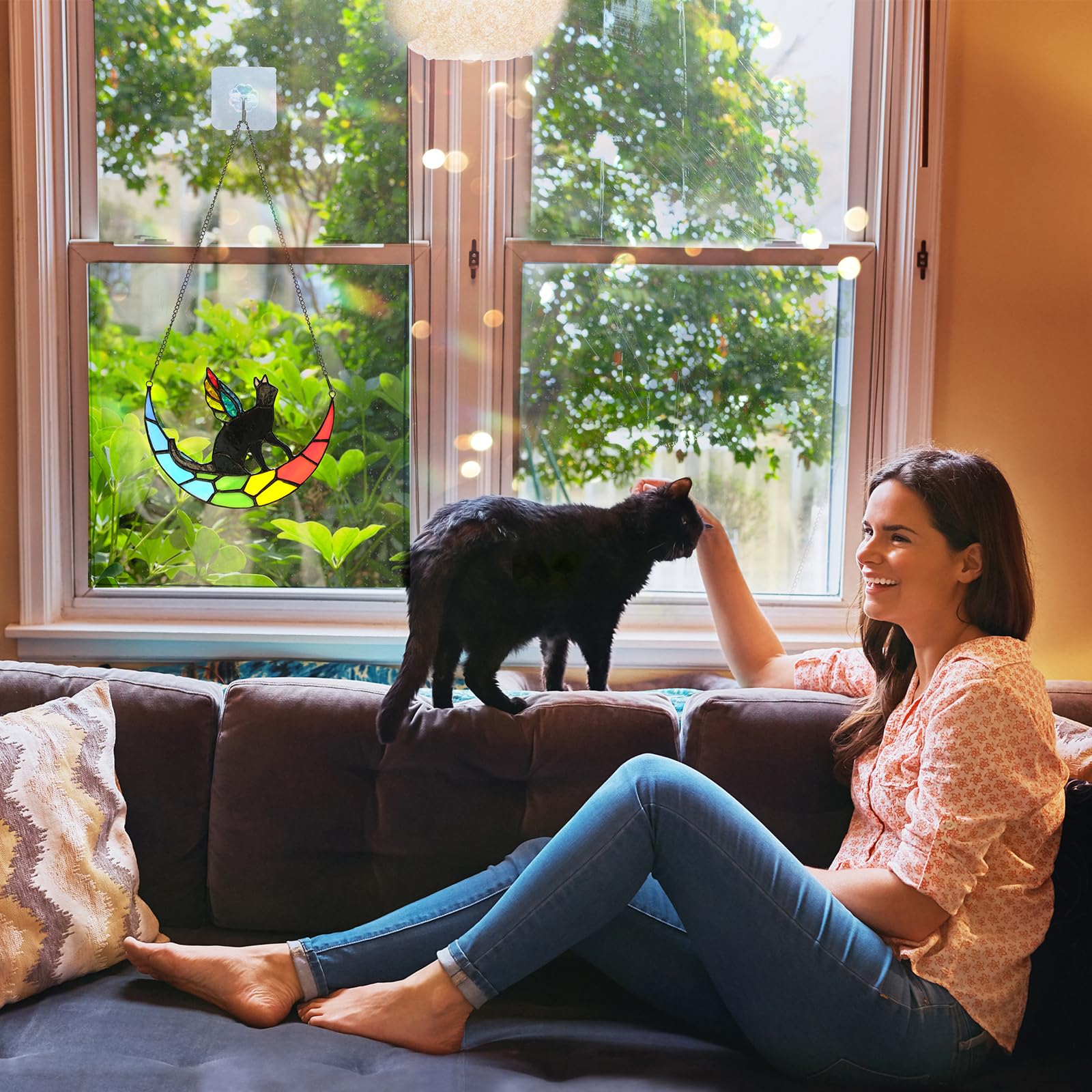 Fufyukey Angel Black Cat Memorial For Loss Of A Cat - Iridescent Angel Wing Suncatchers For Stained Glass Window Hangings, Rainb