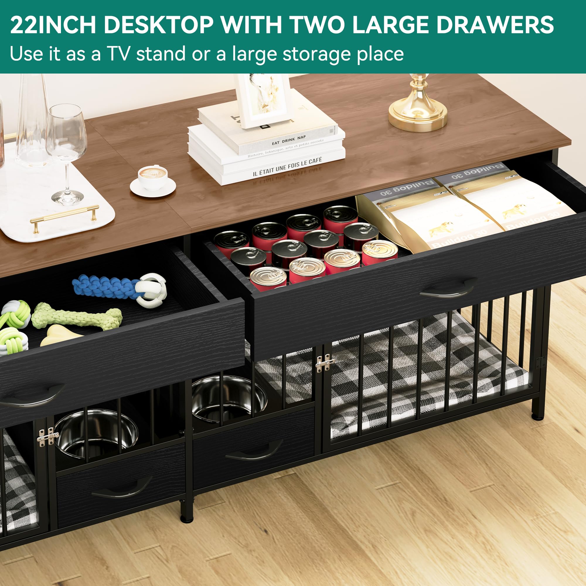 DWVO Double Dog Crate TV Stand, 74.8" Wooden Kennel with Feeder, Black, Storage for 2 Small Medium Dogs, Model MADWVg5Sqe