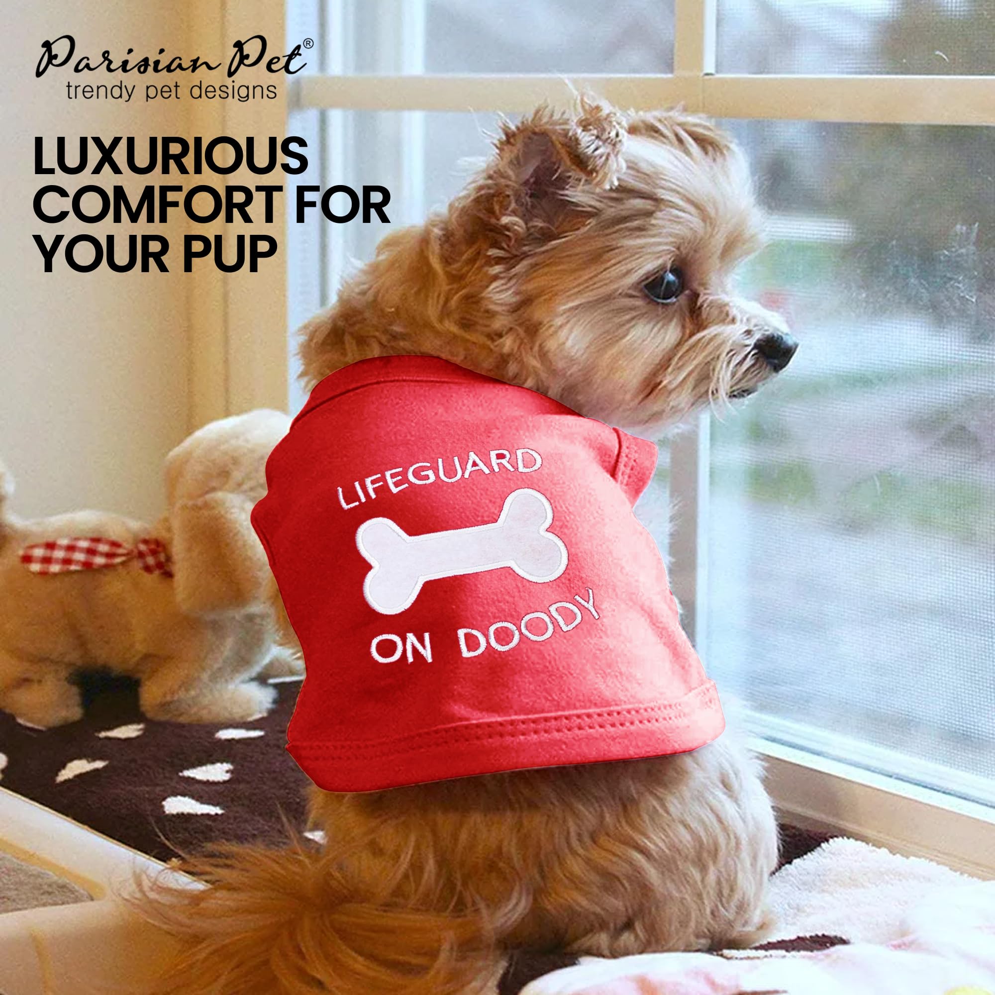 Parisian Pet Dog Tshirt - Embroidered  Lifeguard On Doody  Boy Dog Shirt - Pure Cotton And Lightweight Dog Clothes - Red Dog Tee