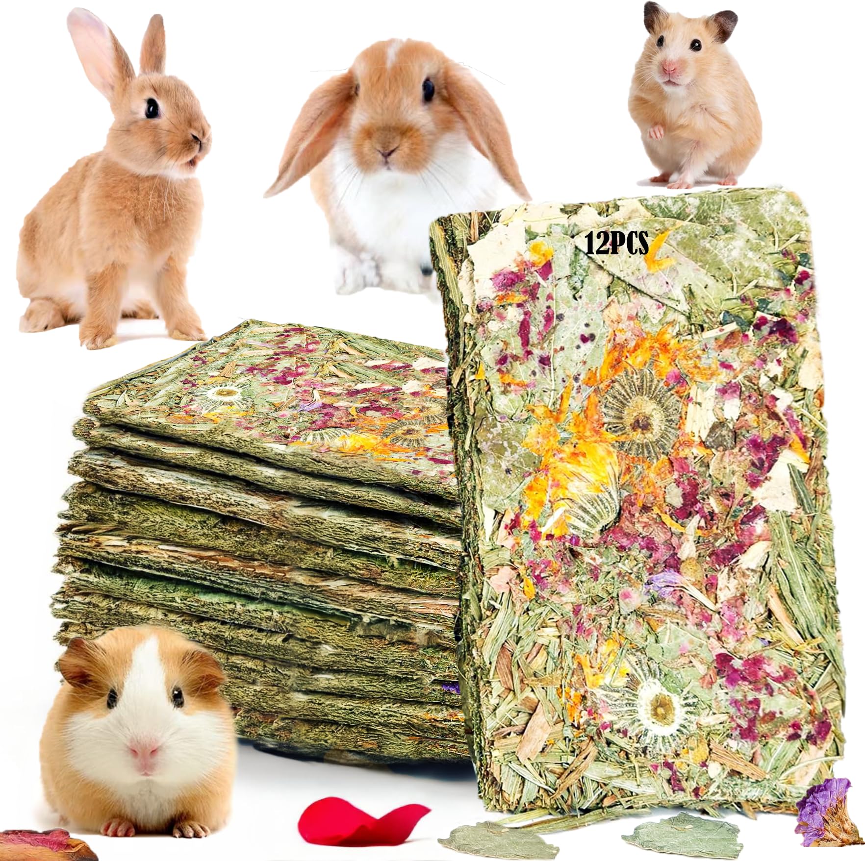 GREMBEB Rabbit Toys 12pcs Bunny Toy Guinea Pig Treats Timothy Hay Chew Toys Chips with Herbal Flowers Hamster Snacks Chinchillas