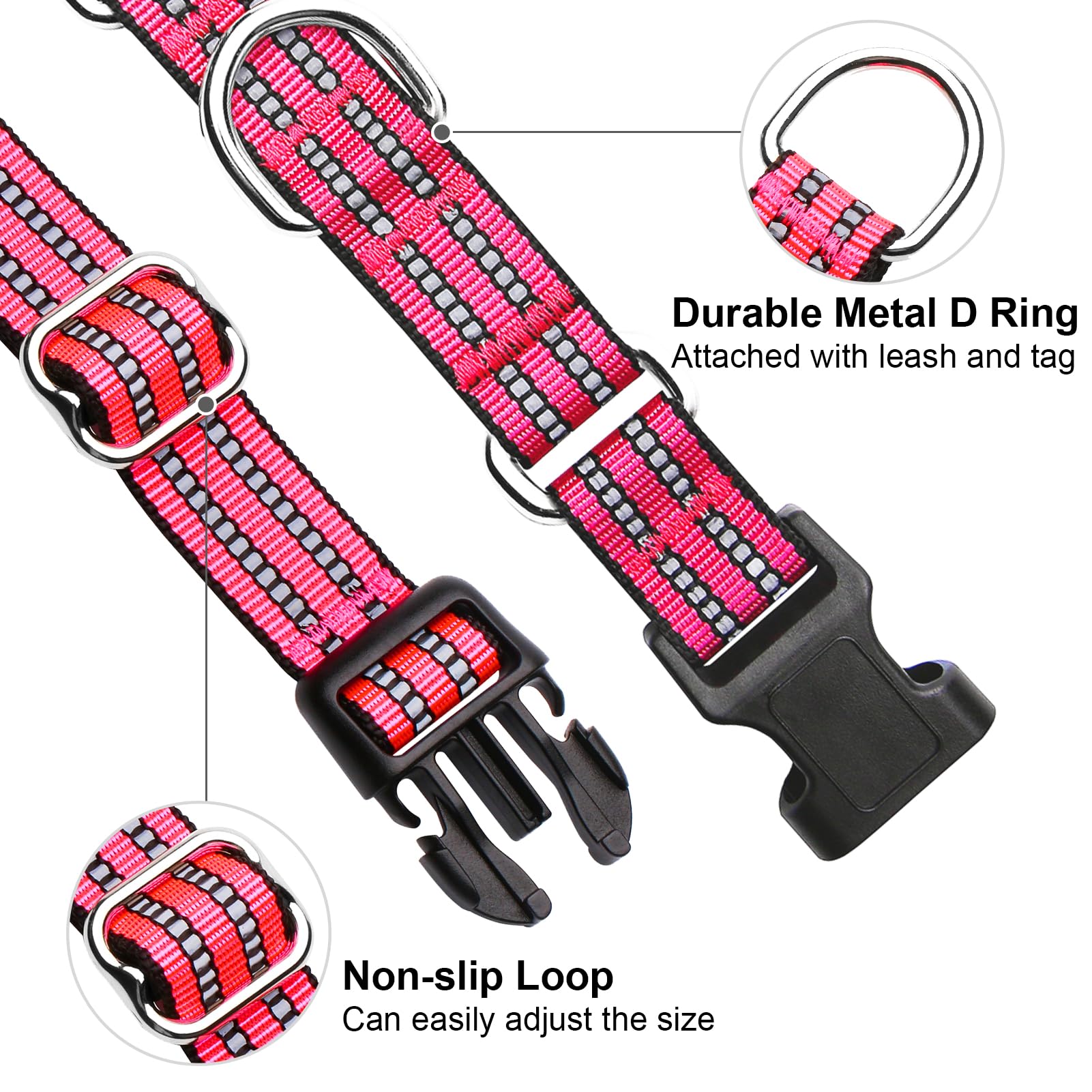 Joyeeiioo Martingale Dog Collar, Adjustable Nylon Reflective Collar With Quick Release Buckle (Hot Pink, Large)