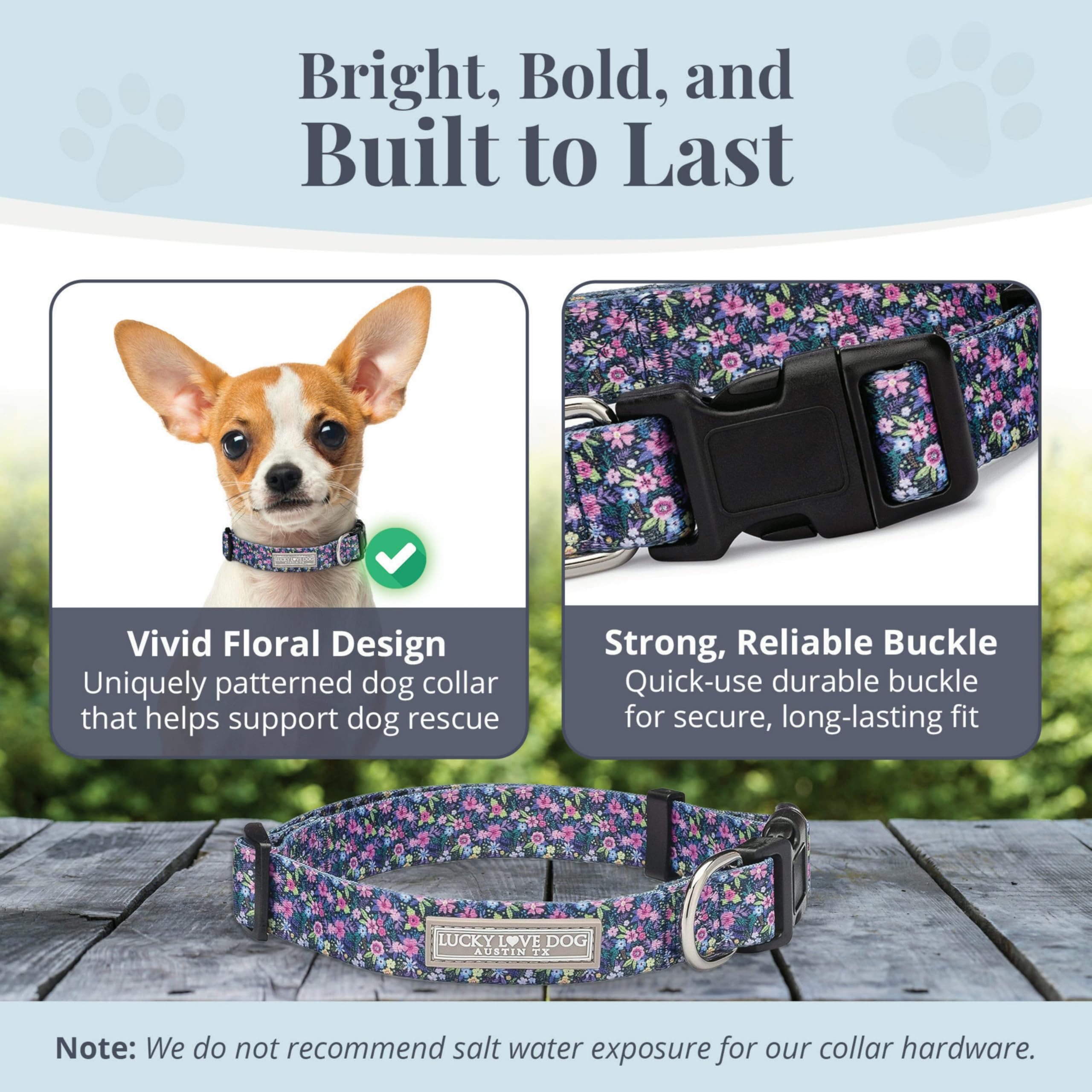 Lucky Love Dog, Comfortable, Soft, Cute Female Dog Collar For Tiny Dogs, Black & Purple Floral Print, Adjustable Nylon Collar, Primrose, Xs