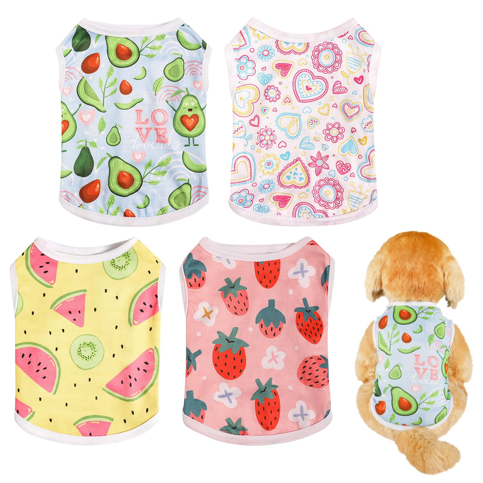 4Pcs Dog Summer Shirt Cute Soft Puppy Vest Fruit Print Pet Sleeveless T-Shirt Colorful Cat Clothes Breathable Pet Outfit For Sma