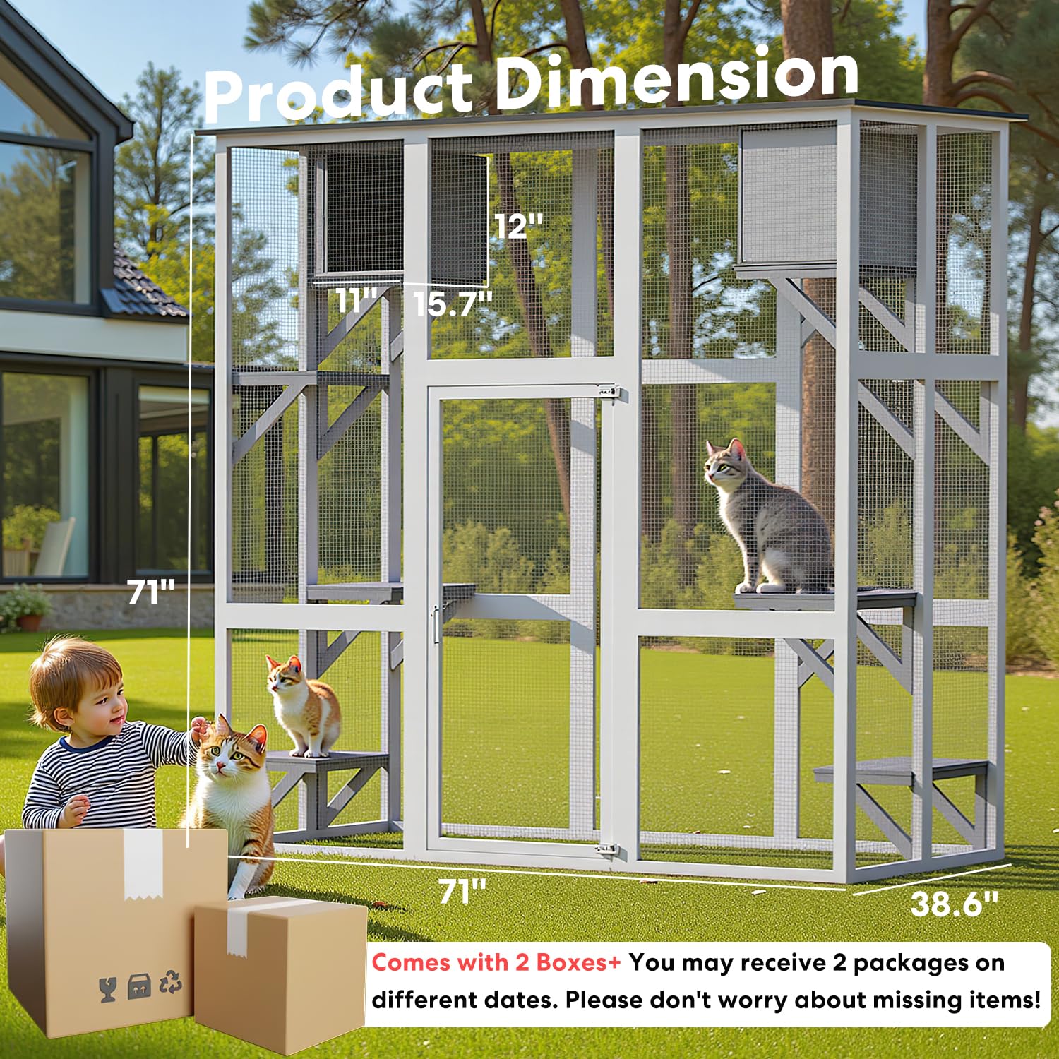 Miscoos Outdoor Wooden Cat Catio - Large Solid Wood Cat Cage Playpen With 8 Jumping Platforms & 2 Napping Houses, Walk-In Cat Ke