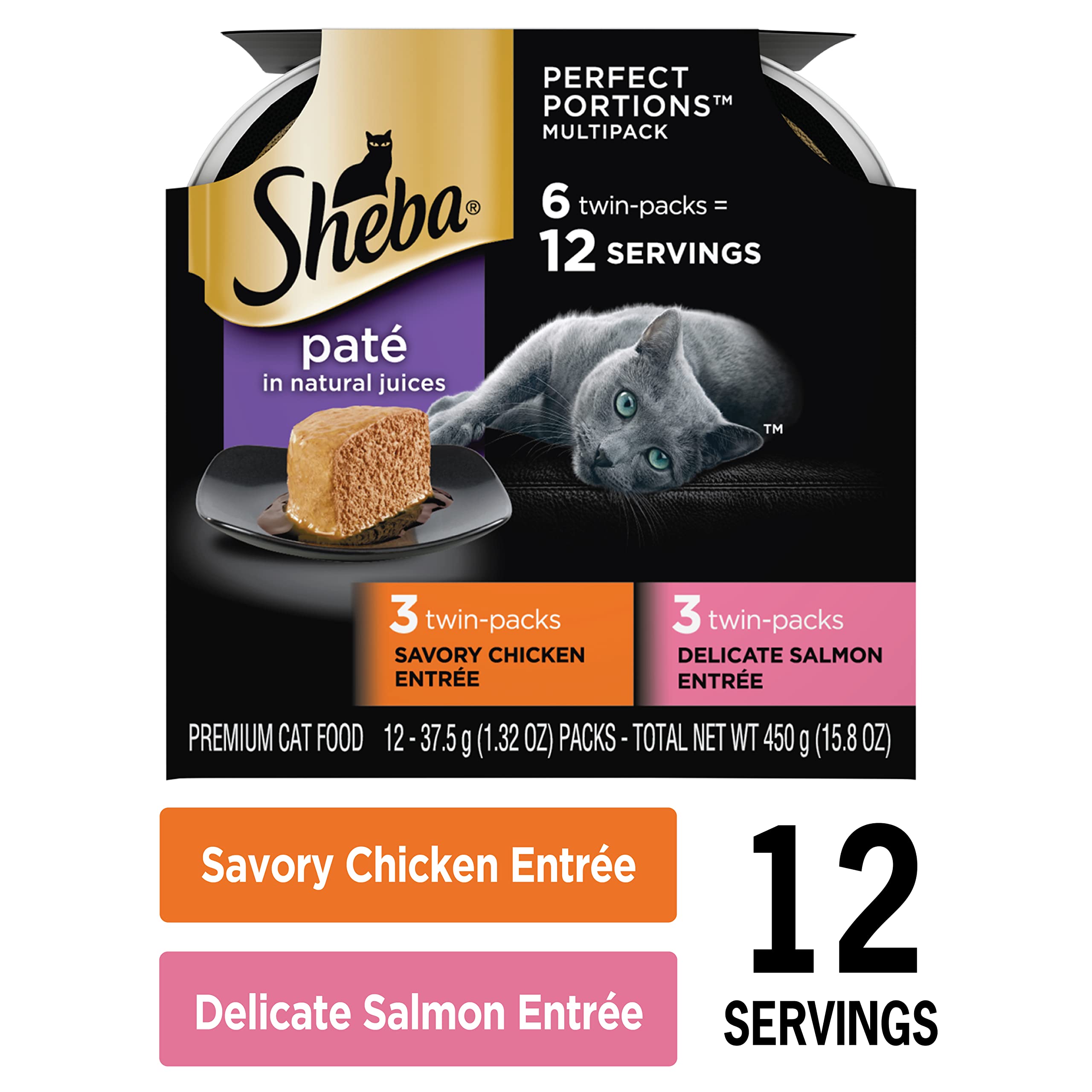 Sheba Perfect Portions Wet Cat Food Pate Savory Chicken Entree and with Sustainable Salmon Variety Pack, 2.6 oz., Twin-Pack Tray