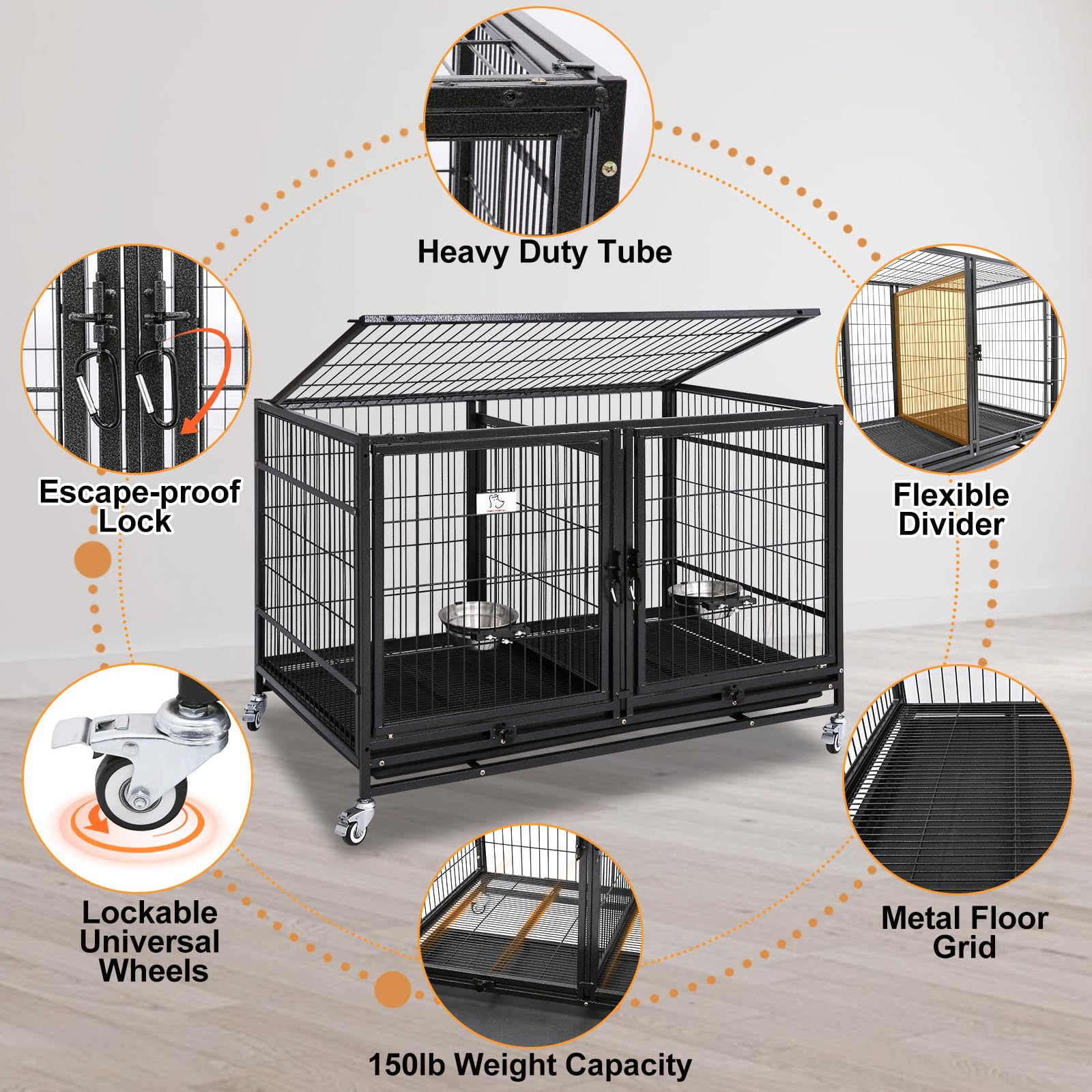 Homey Pet 43 inch Dog Crate 3 Floor Stackable Heavy Duty Dog Kennel Dog Grooming cage with Feeding Doors and Divider, Additional