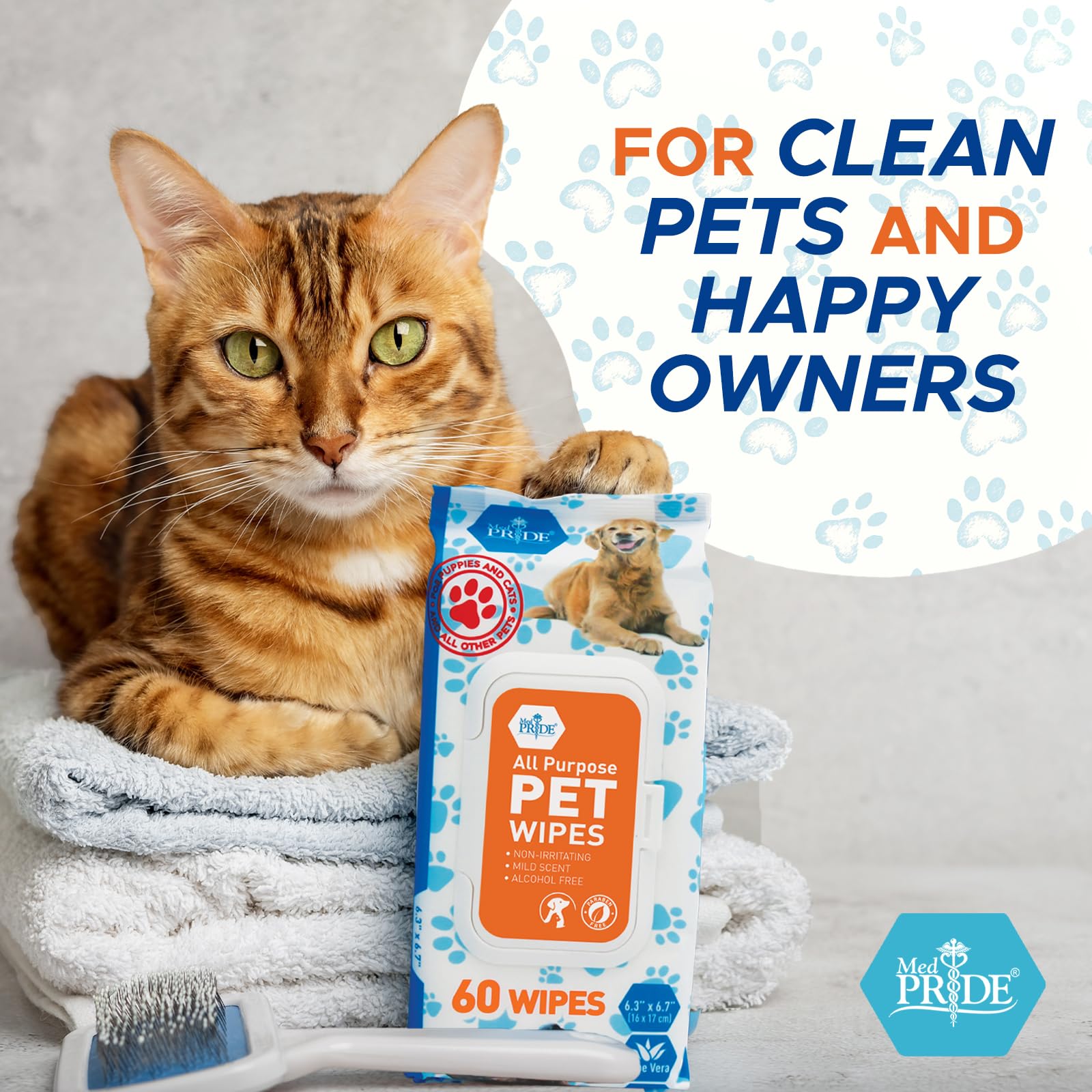 Med Pride Pet Wipes [12 Packs Of 60] For Cats Unscented Hypoallergenic Cat Cleansing Wet Wipes With Aloe Vera Alcohol And Parabe