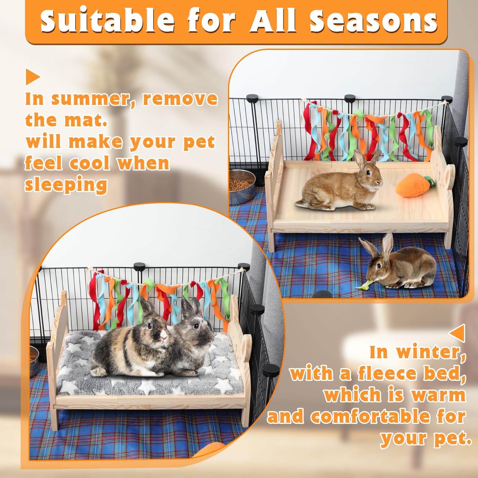 Bwogue Large Wooden Rabbit Bed, 2 In 1 Folding Wooden Pet Bed With Removable Cushion Small Animals Bed For Rabbits Bunny Guinea