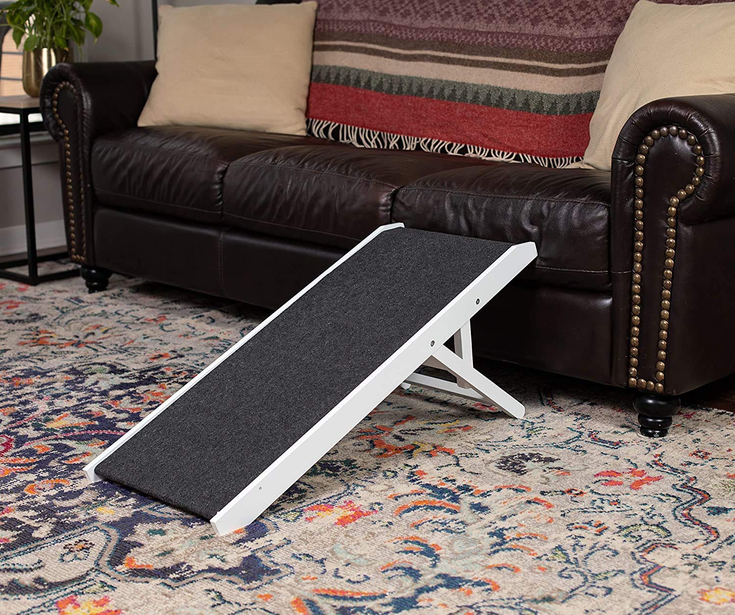 Birdrock Home Adjustable Dog Ramp For Low Beds Or Couches - Small Dogs Or Cats Only - Decorative Wooden Folding Doggie Ramps - Paw Friendly Grip Carpet - White 16'