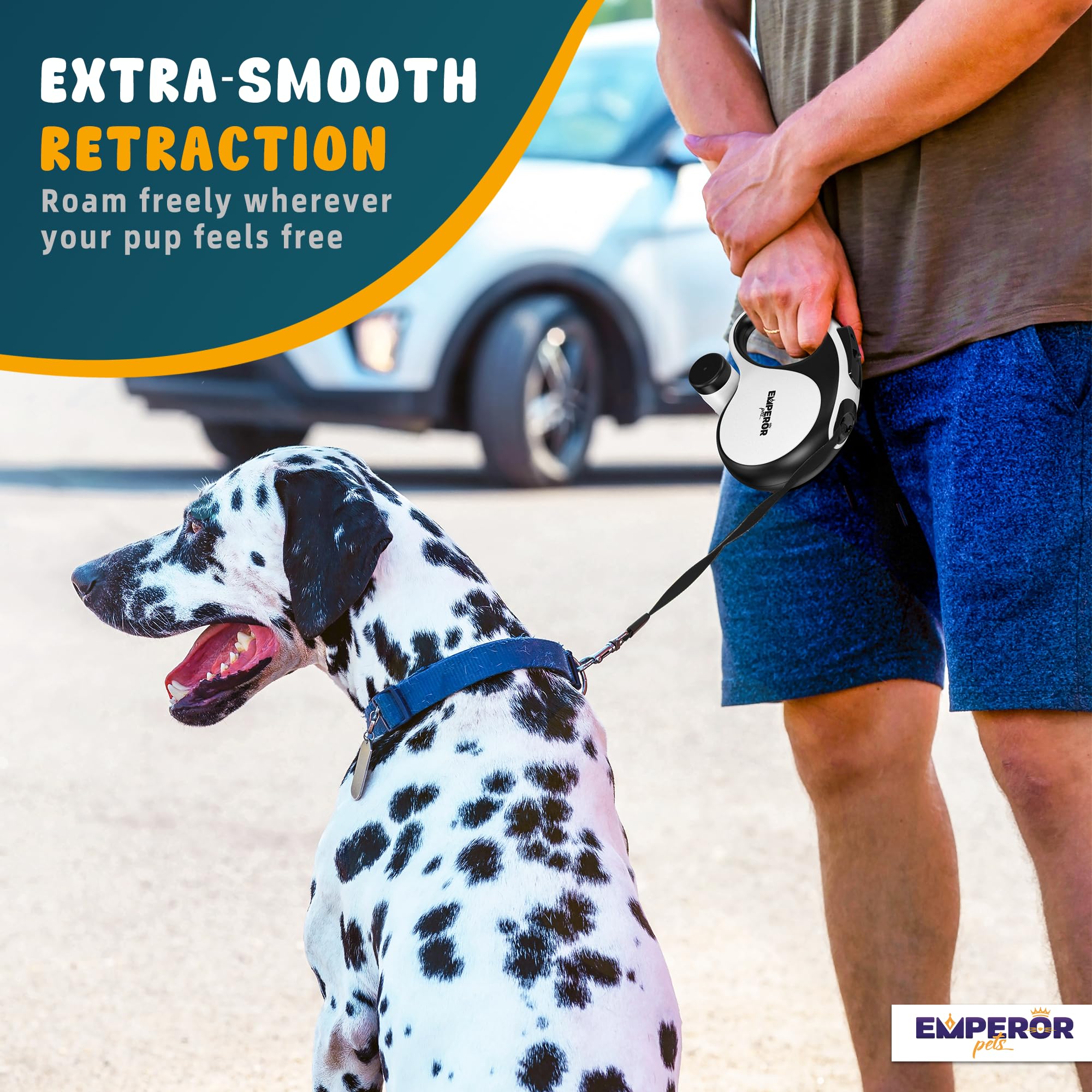 Emperor Pets 16 Ft Retractable Dog Leash White - Heavy Duty Retractable Pet Leash With Anti-Slip Grip - Reflective Dog Leash Tap