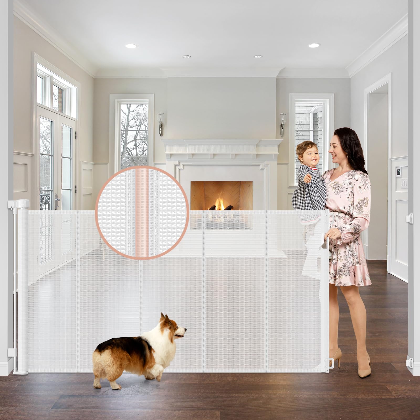 Reinforced 42 Extra Tall x 75 Wide Retractable Gate with Support Rods - Prevent Crawling Under Extra Tall Baby Gate Retractable 