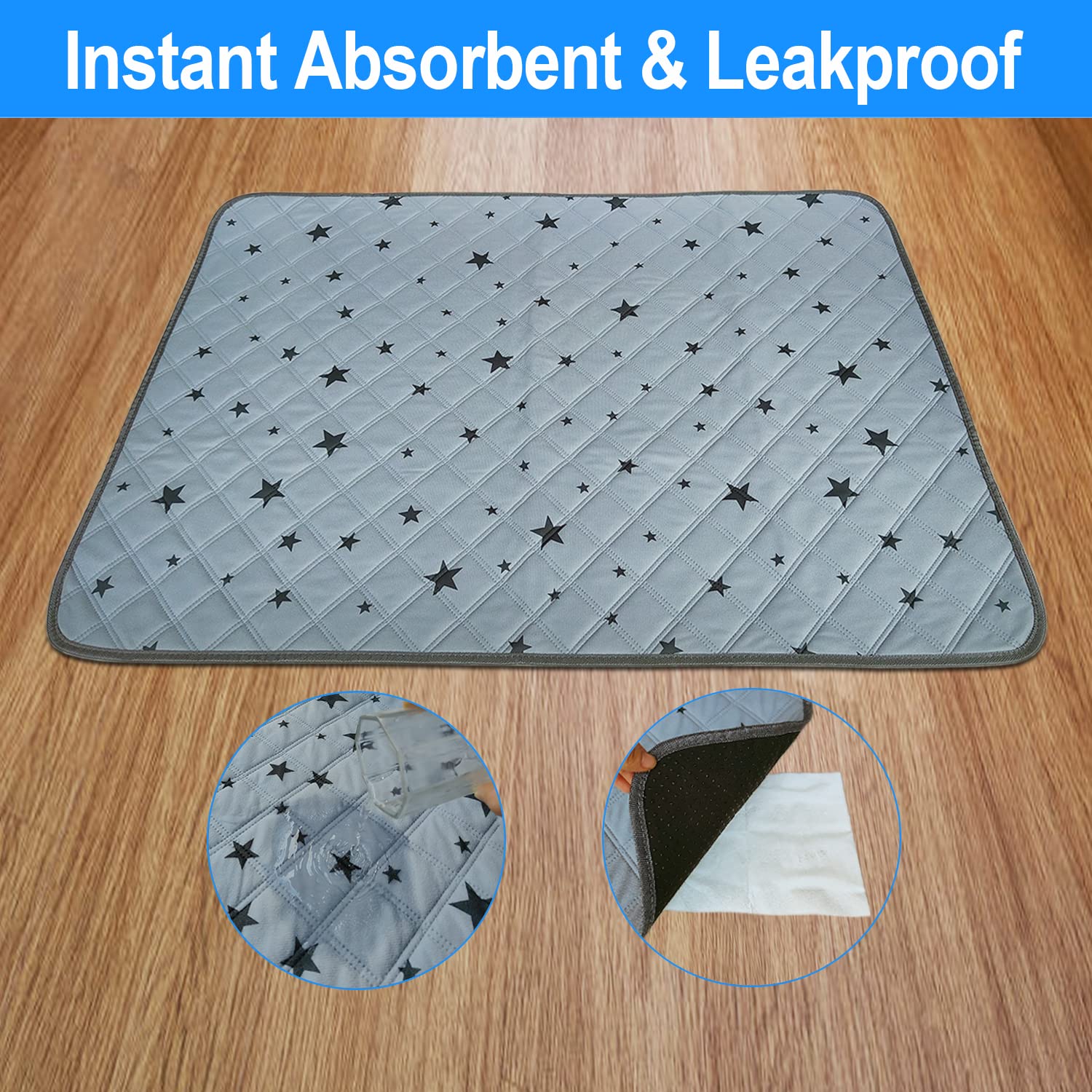 Rioussi Washable Pee Pads For Dogs, Reusable, Absorbent, Leakproof, Non Slip Pet Puppy Pads For Potty Training. Gray Stars, 72X7