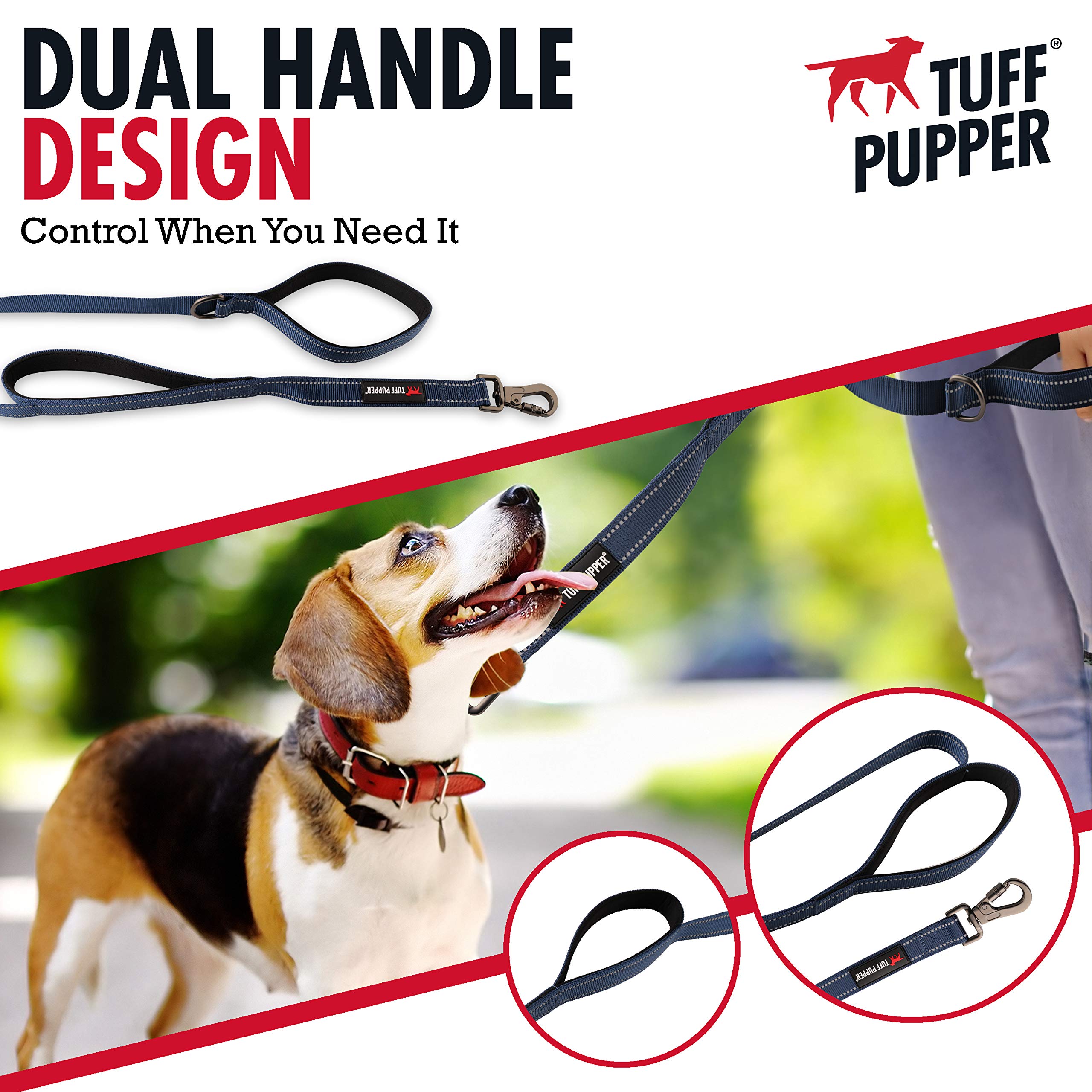Tuff Pupper Heavy Duty Double Handle Dog Leash | Twist Locking Carabiner Dog Clip | Safety Lock Leash To Hold Strong Dogs | Reflective For Safe Night Walks | 6 Foot Dog Leash | For Medium & Large Dogs