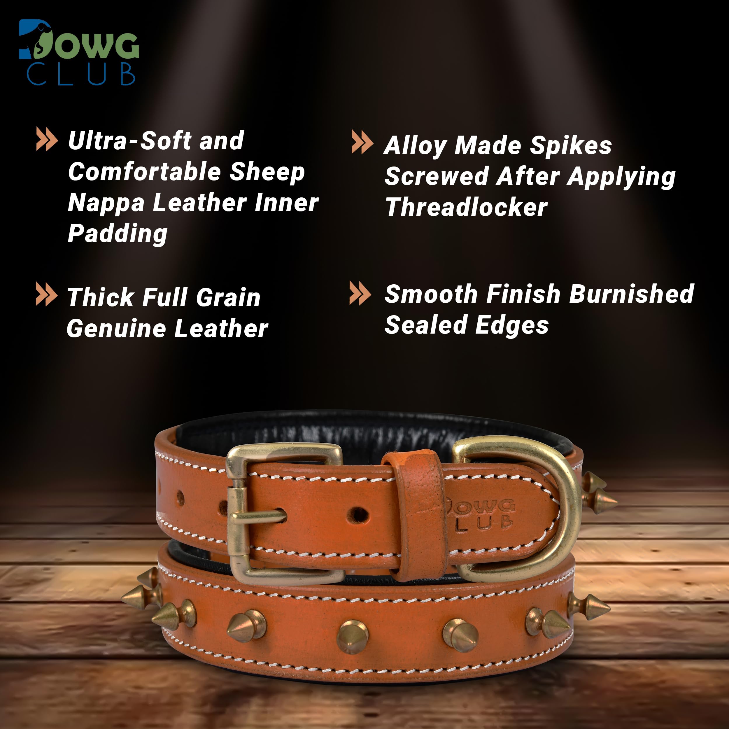 Dowgclub | Genuine Leather Spike Dog Collar | 1'' Wide | Full Grain, Heavy Duty, Comfortable, Strong, Inner Padding | Best For S