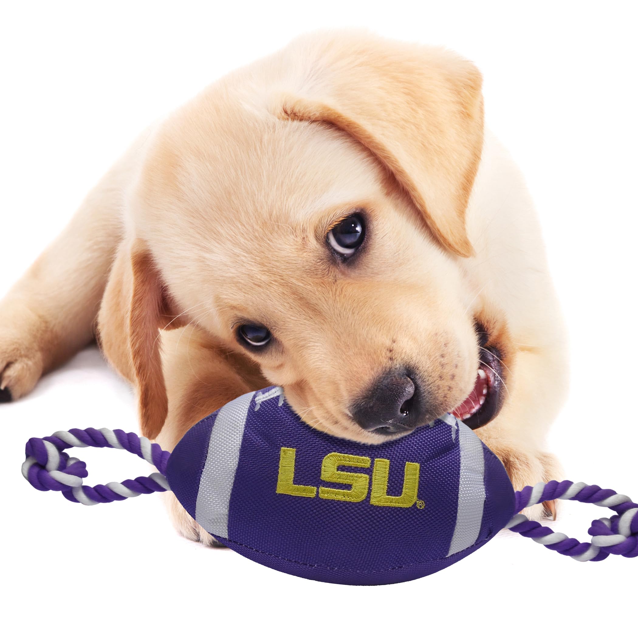 Pets First NCAA LSU Tigers Football Dog Toy, Tough Quality Nylon Materials, Strong Pull Ropes, Inner Squeaker, Collegiate Team C