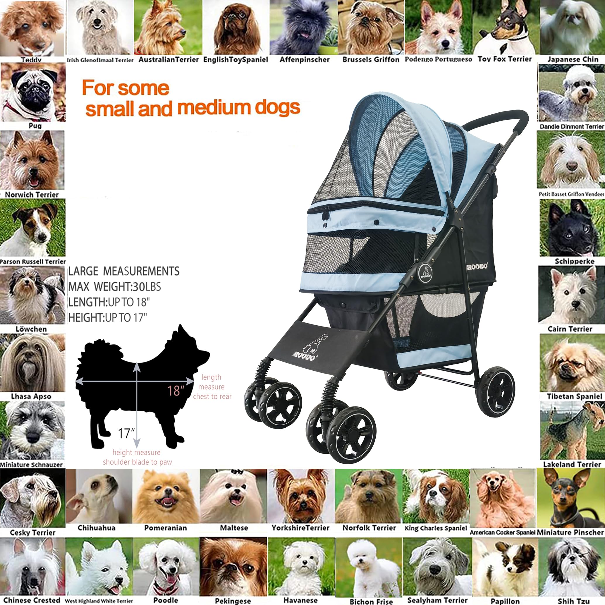 Roodo 4 Wheel Dog Cat Pet Stroller Best Lightweight Foldable Compact Portable Jogger All Terrain Travel Pet Gear Puppy Doggie Bu
