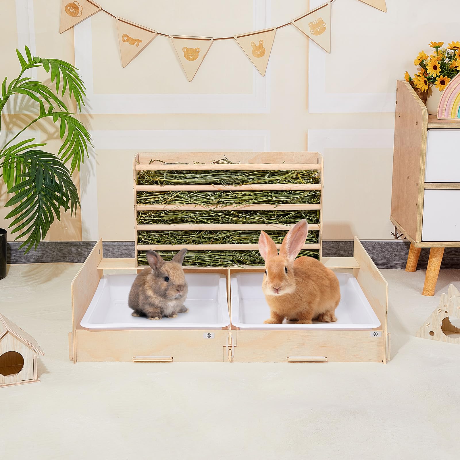 Glittme 2 In 1 Rabbit Litter Box With Hay Feeder Wood Mess Proof Bunny Litter Box With 2 Basins For Dwarf Rabbit, Bunny