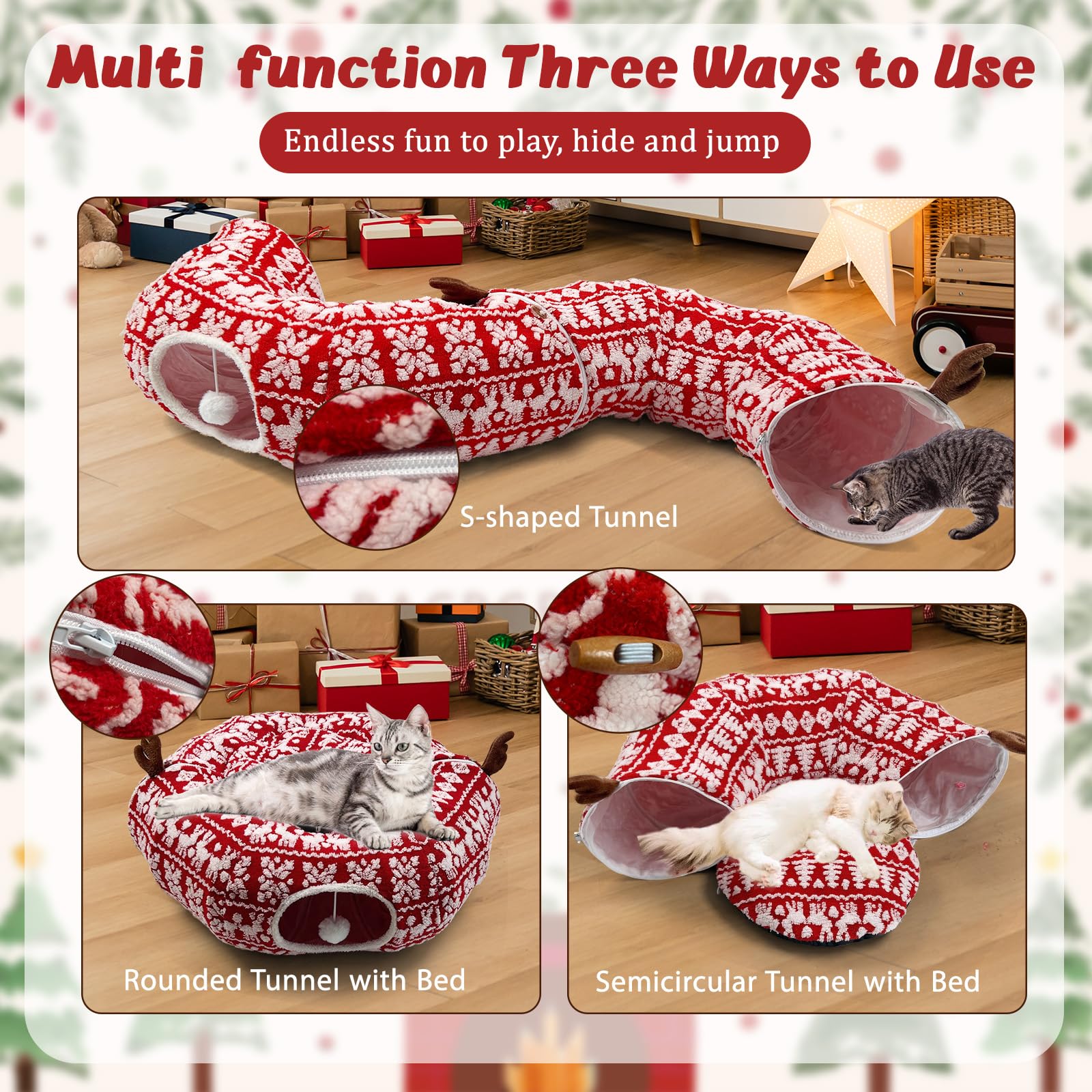 Cat Donut Tunnel for Christmas Tree - Warm Soft Cat Tube Christmas Tree Skirt, Christmas Themed Patterns Cats Red Tunnel Bed wit