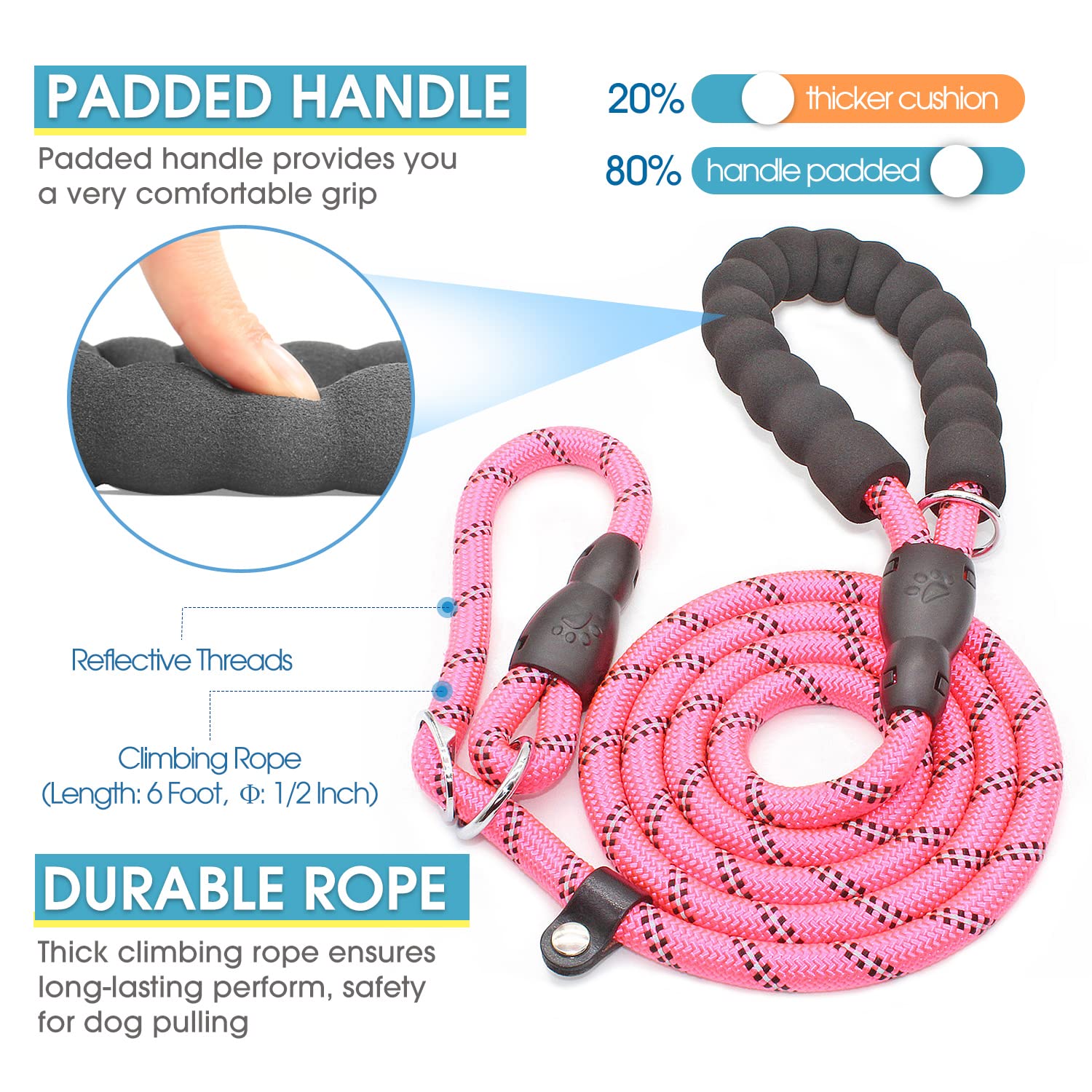 Baapet 6 Feet Slip Lead Dog Leash Anti-Choking With Upgraded Durable Rope Cover And Comfortable Padded Handle For Large, Medium, Small Dogs Trainning With Poop Bags And Dispenser (Pink)