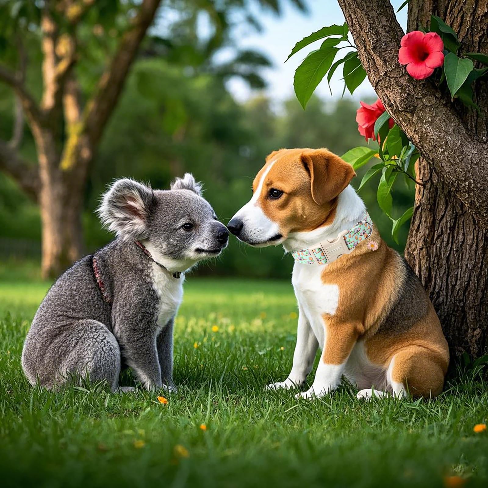 Dogwong Summer Koala Dog Collar, Green Pink Flower Dog Collars, Adjustable Cute Pet Collars Boy Girl Design Dog Collar For Small