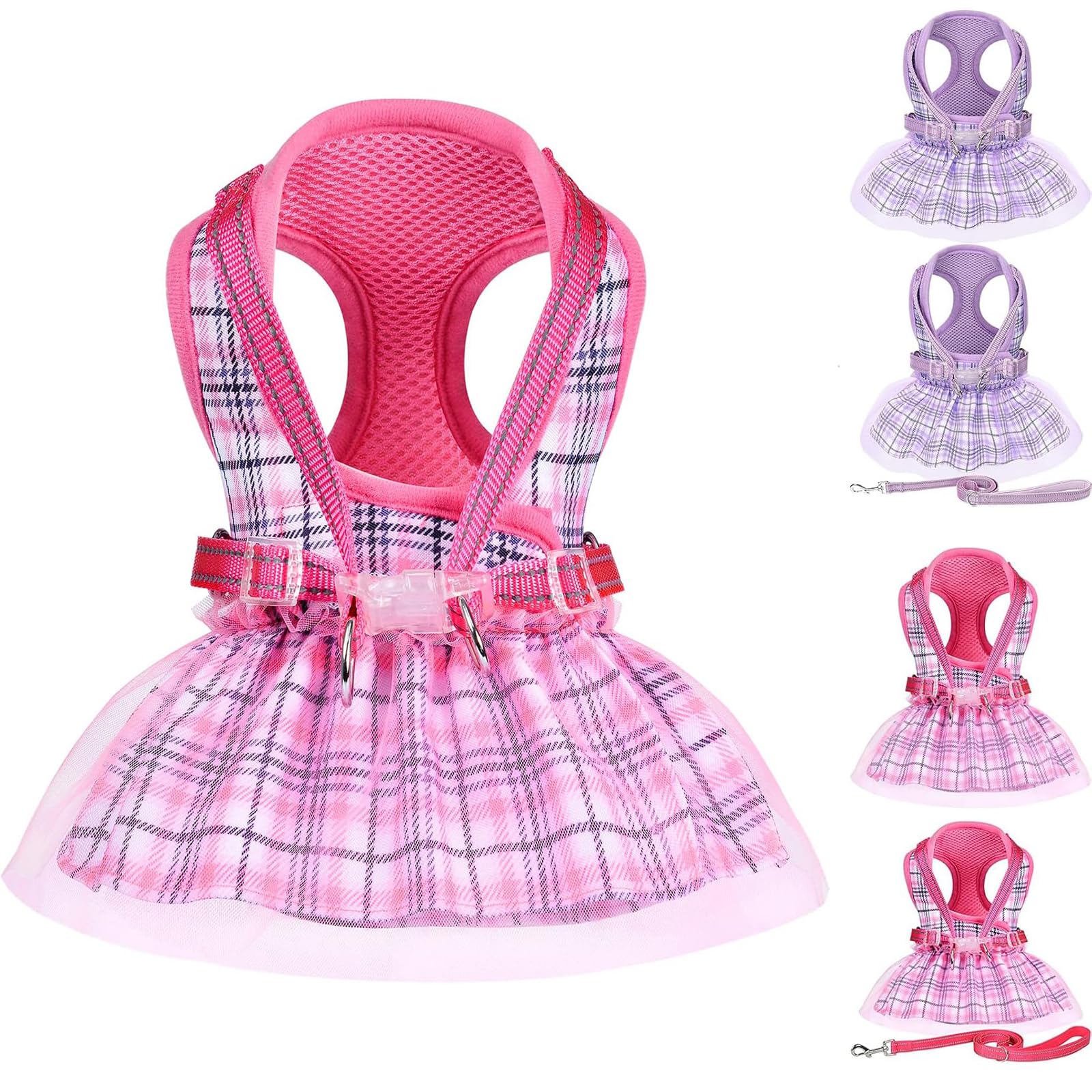 Small Dog Dress Harness Girl Female, No Pull Harnesses Outfit Apparel, Medium Summer Adjustable Puppy Plaid Skirt Vest Cat Cloth