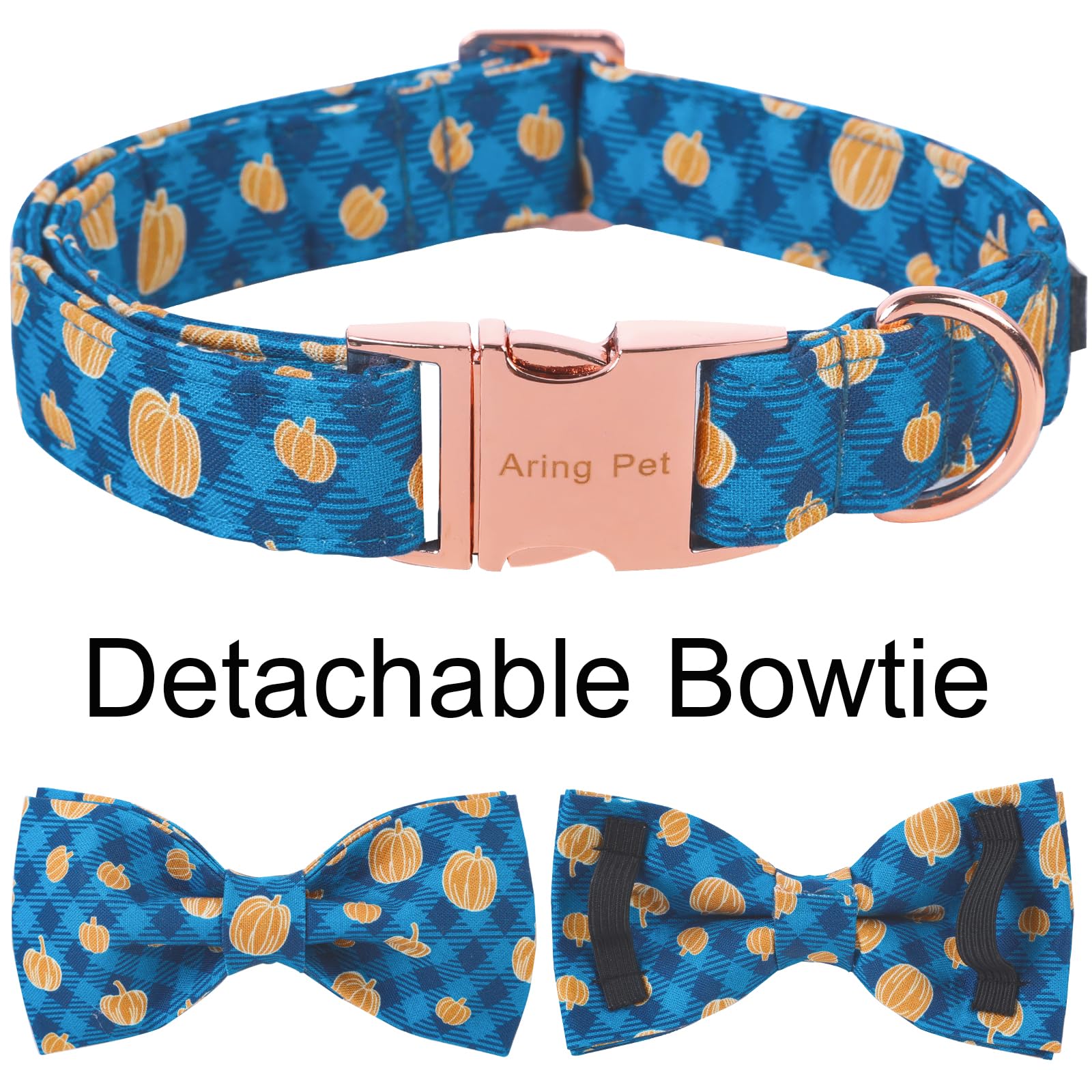 Aring Pet Halloween Dog Collar, Cotton Plaid Pumpkin Dog Collar With Bow, Adjustable Halloween Pumpkin Dog Collars With Metal Bu