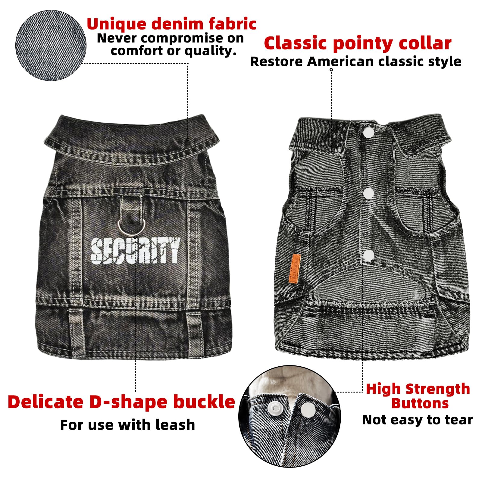 JcDuDoi Dog Jeans Black Security Jacket Denim Pet Coat for Puppy Small Dogs Cotton Classic Overalls Male Cat Costumes Sleeveless