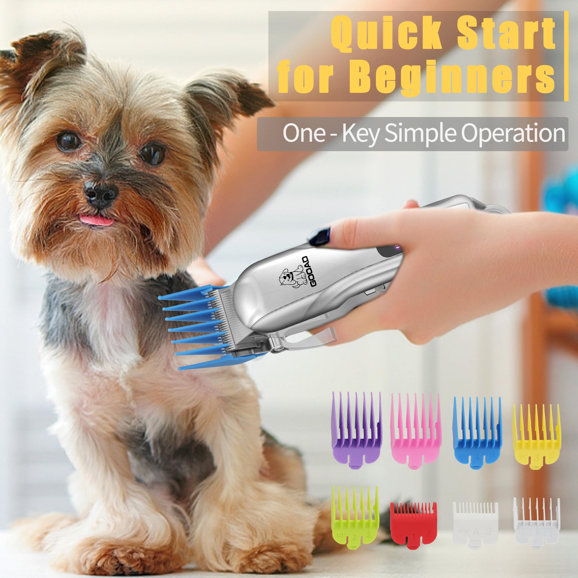 Gooad Dog Grooming Kit - Low Noise Rechargeable Clippers for Thick Hair, Silver - Includes Paw Trimmer & Nail Grinder for Small & Large Dogs