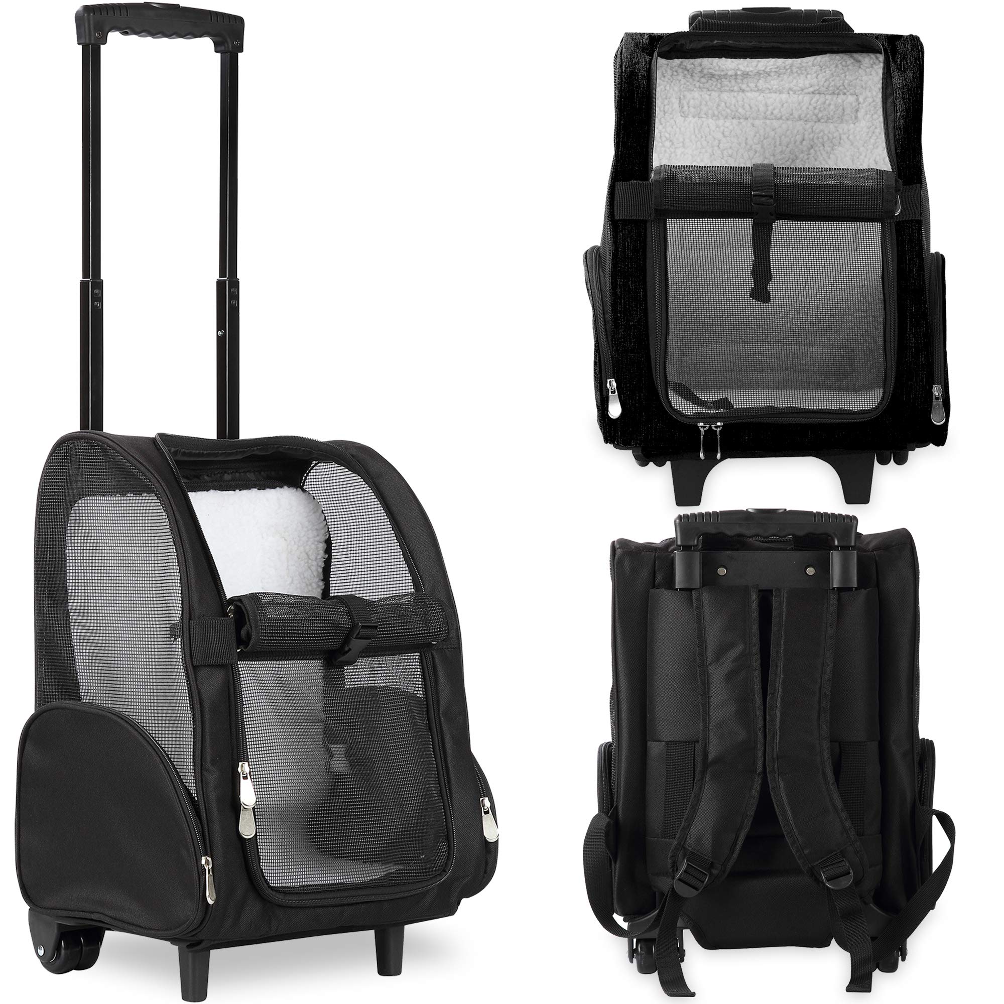 Kopeks Deluxe Backpack Pet Travel Carrier With Double Wheels For Pets Up To 10 Pounds - Black - Approved By Most Airlines