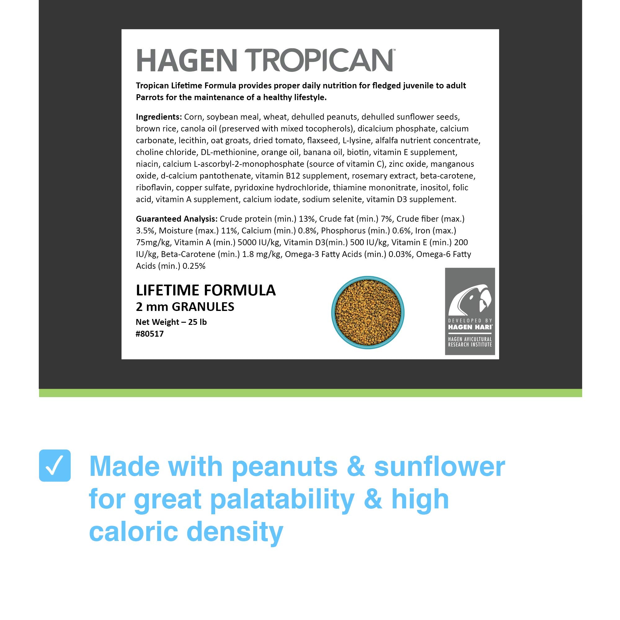 Hari Tropican Bird Food, Hagen Parrot Food with Peanuts & Sunflower Seeds, Cockatiels Granules, Lifetime Formula, 2mm, 25 lb Bag
