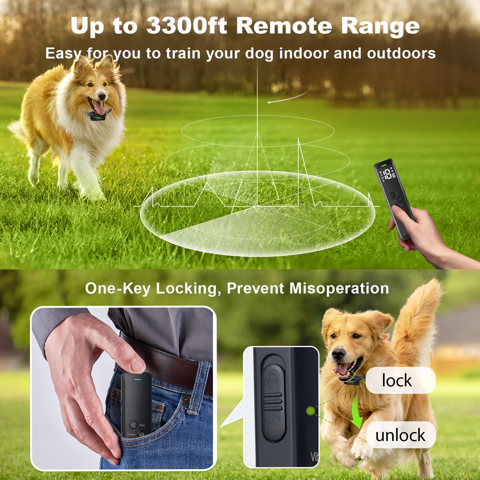 wagnation Shock Collar for Dogs - 3300FT Remote Control, IPX7 Waterproof, Rechargeable, Suitable for 10-120lbs Dogs, Model FF01