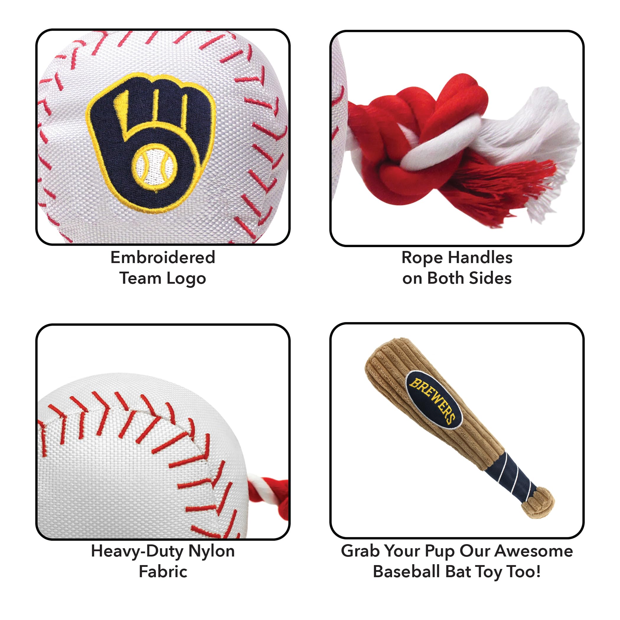 Mlb Milwaukee Brewers Baseball Rope Toy For Dogs & Cats. Tough Nylon, Sporty Baseball Design, Heavy-Duty Ropes With Inner Squeak