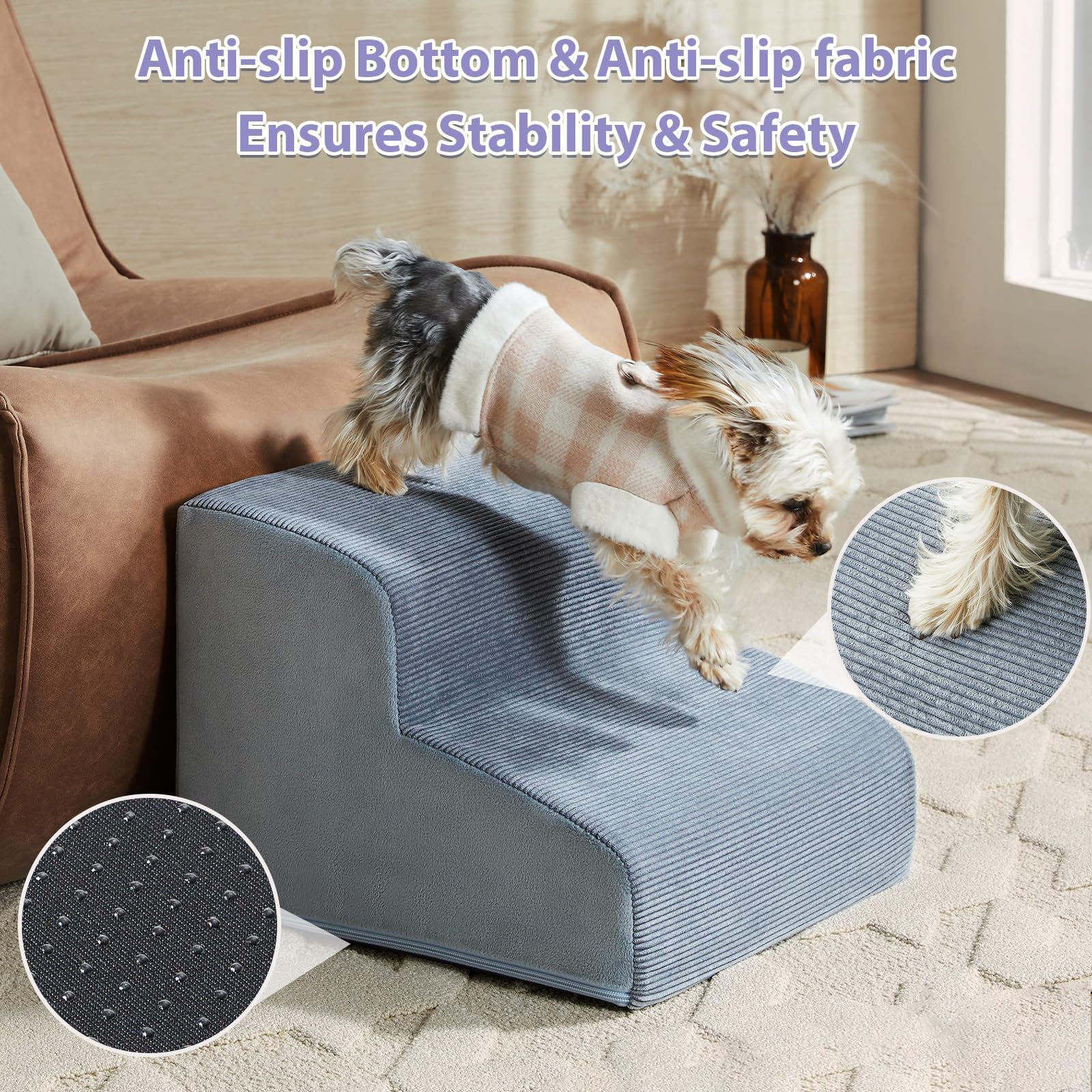 Lextro Dog Stairs For Small Dogs, 3-Steps Dog Ramp For Bed And Couch, Pet Stairs With Highly Supportive Foam And Non-Slip Bottom