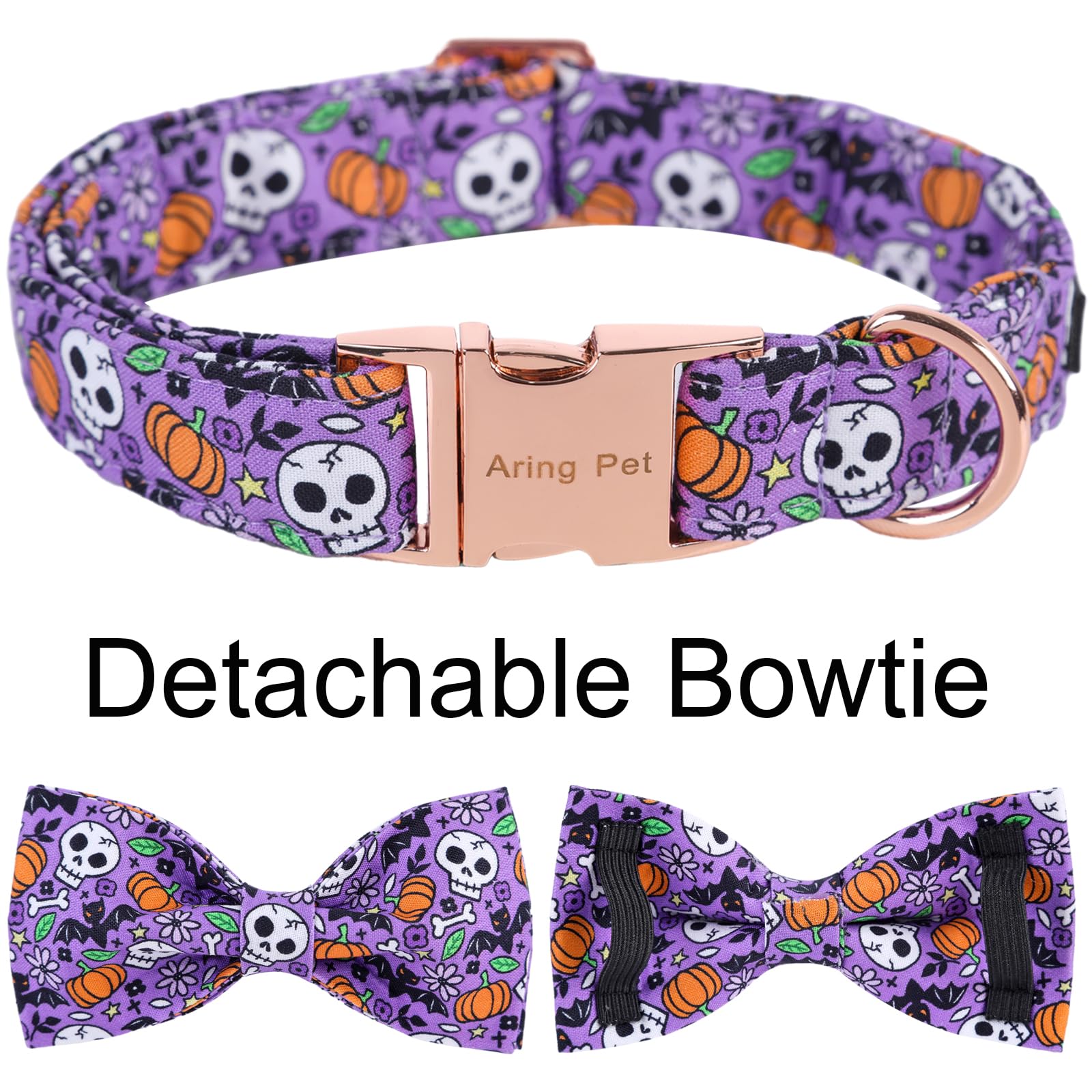 Aring Pet Halloween Dog Collar Cute Pumpkin Dog Collar Bowtie, Cotton Purple Skull Bat Dog Collars Daisy Puppy Collars With Metal Buckle